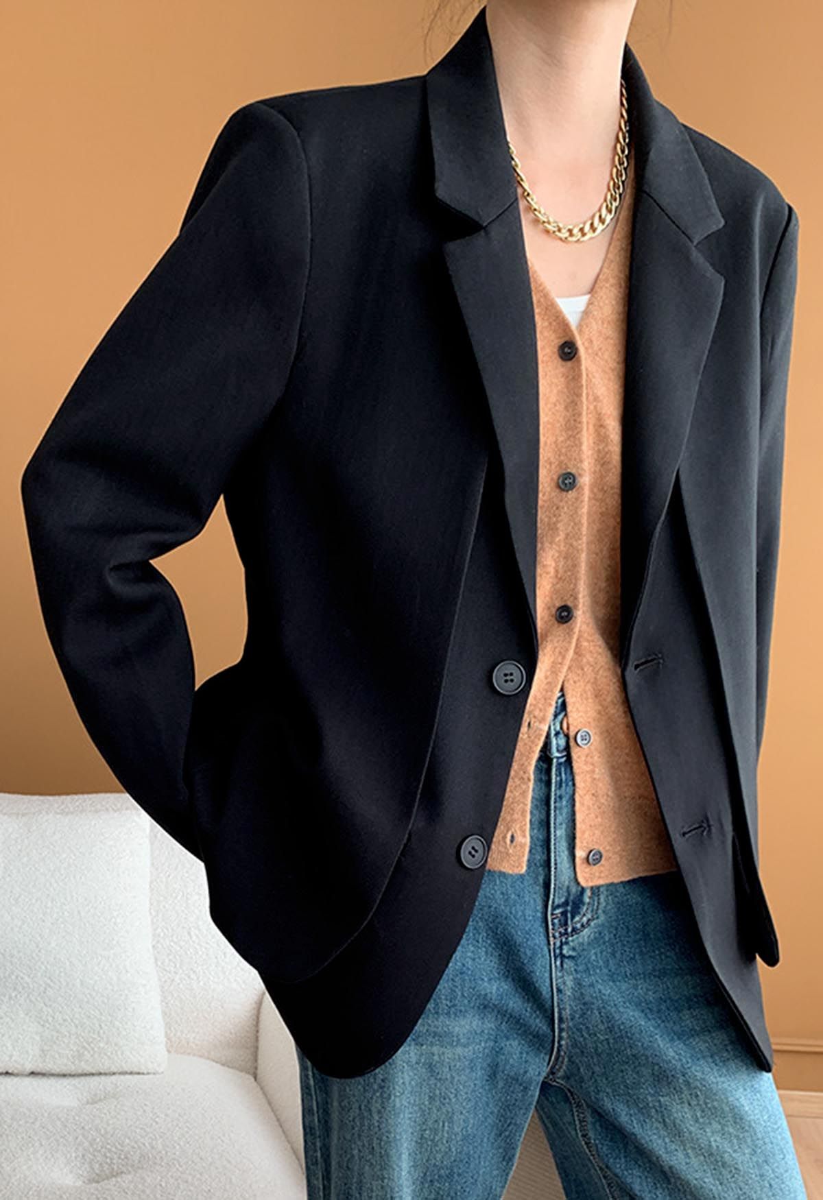 Fake Two-Piece Button Down Blazer in Black