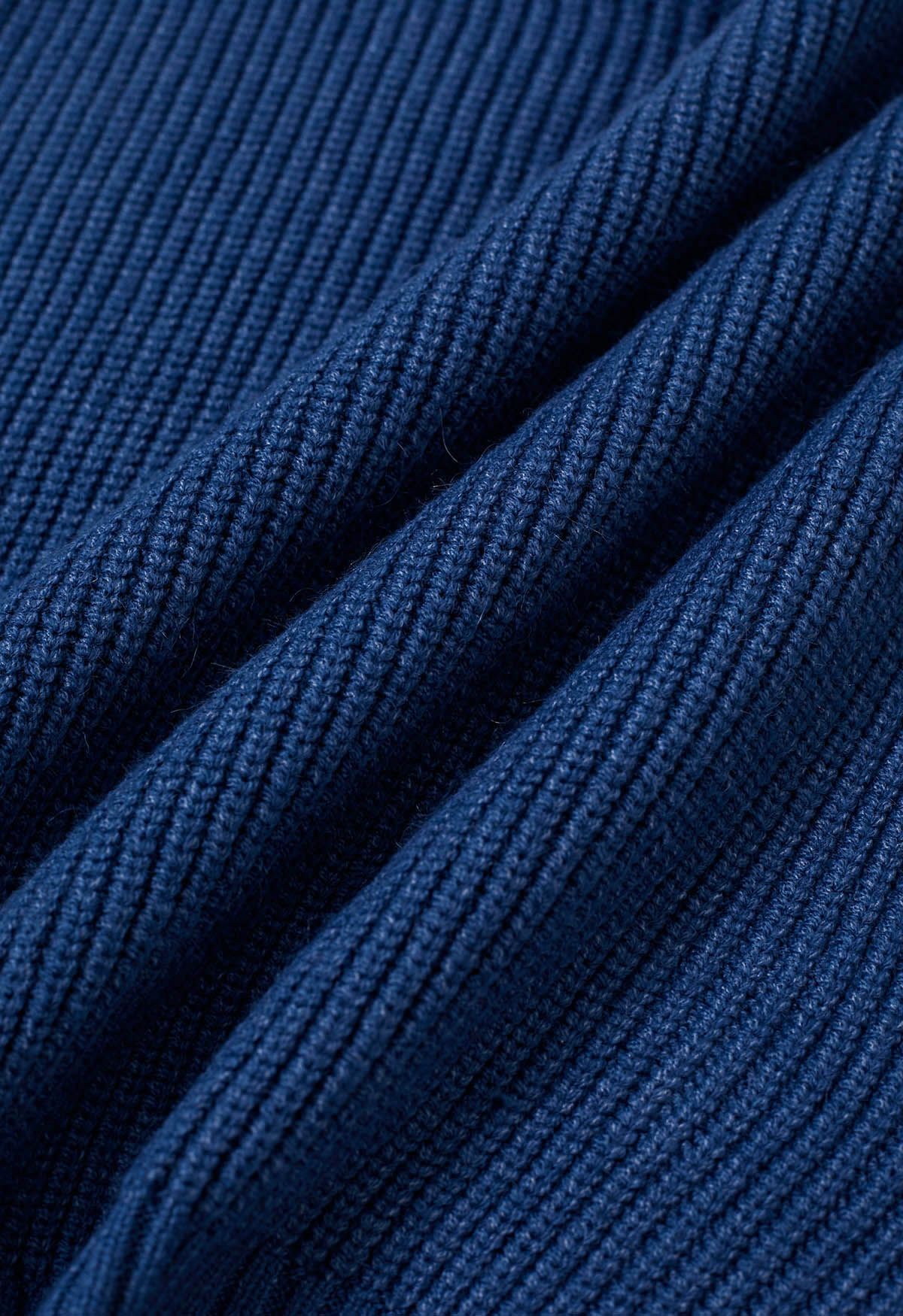 Tie-String Back Ribbed Knit Sweater in Navy