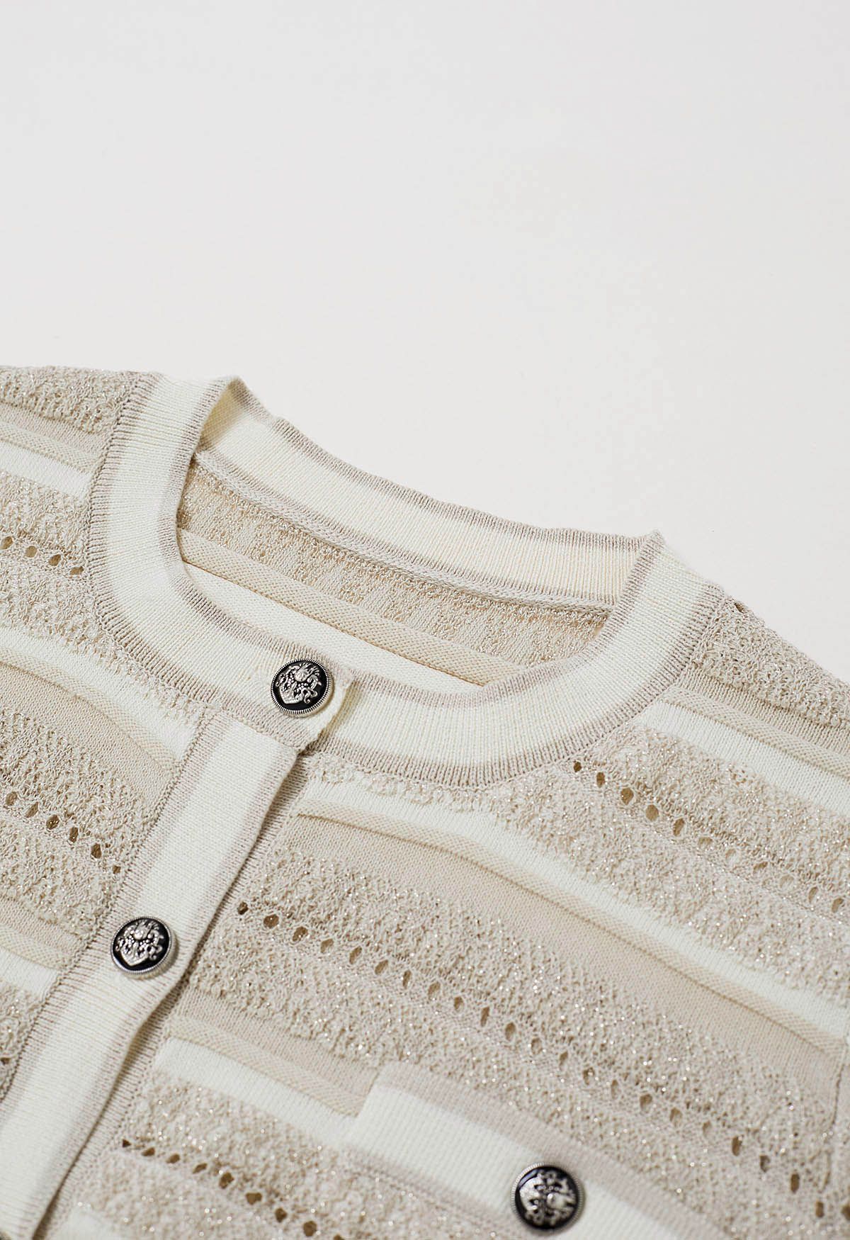 Striped Pointelle Lace Knit Button Cardigan in Oatmeal