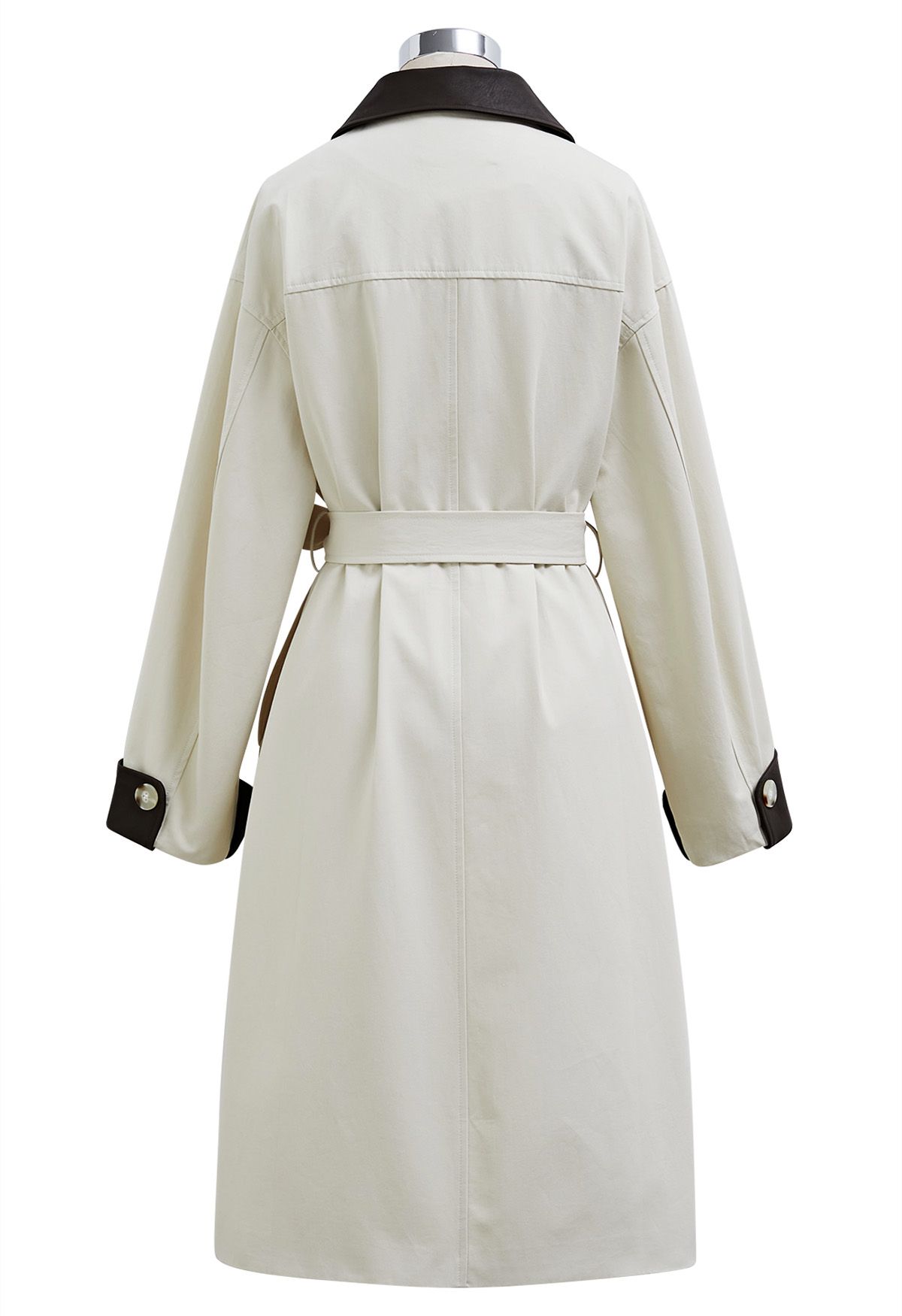 Contrast Faux Leather Trim Button Trench Coat in Ivory