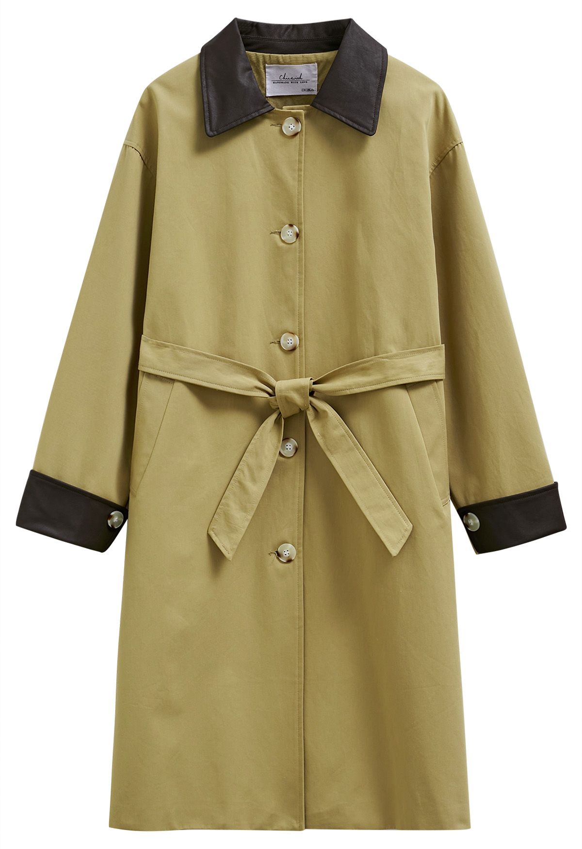 Contrast Faux Leather Trim Button Trench Coat in Mustard