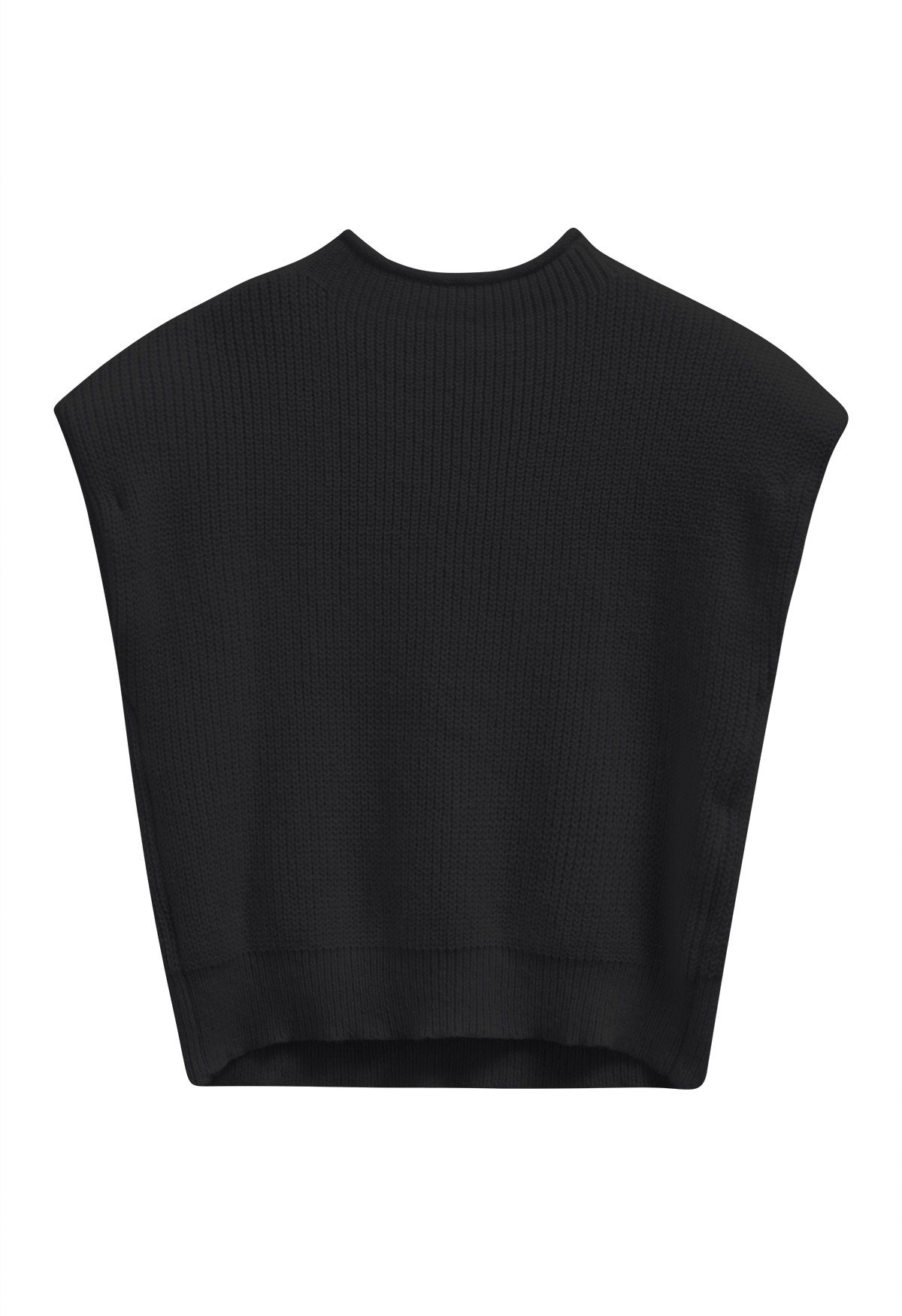 Mock Neck Padded Shoulder Cable Knit Top in Black