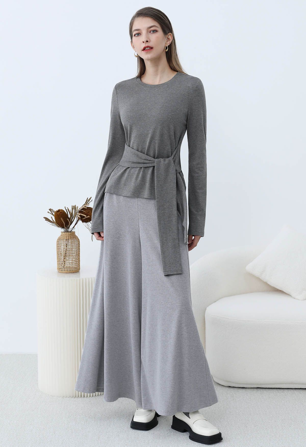 Embrace Softness Tie-Waist Cotton Top in Smoke