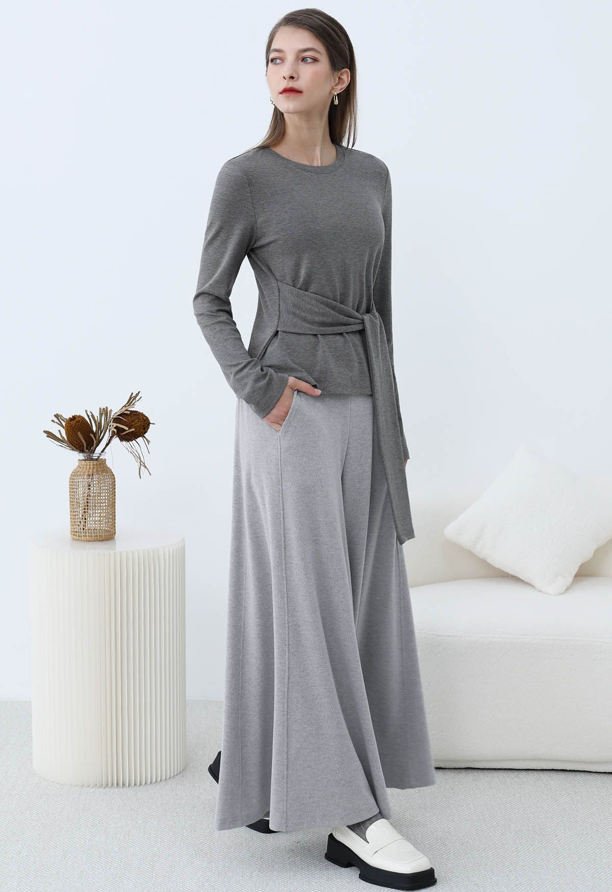 Embrace Softness Tie-Waist Cotton Top in Smoke