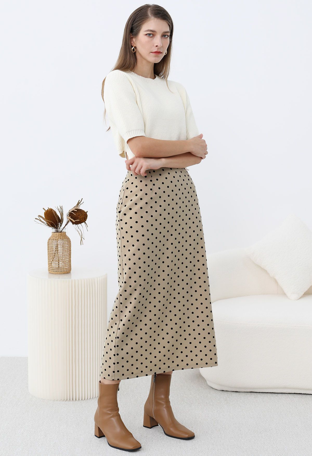 Velvet Polka Dot Back Slit Midi Skirt in Sand