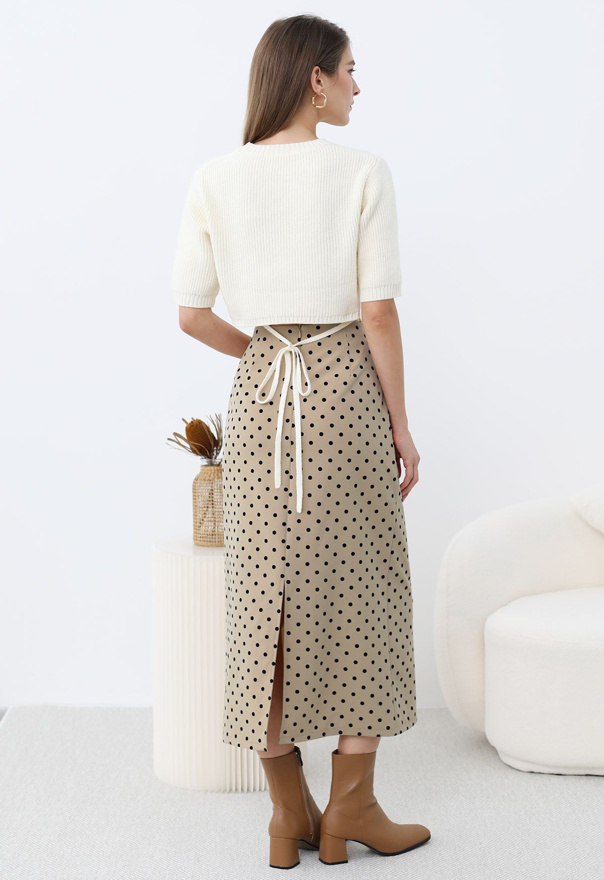 Velvet Polka Dot Back Slit Midi Skirt in Sand