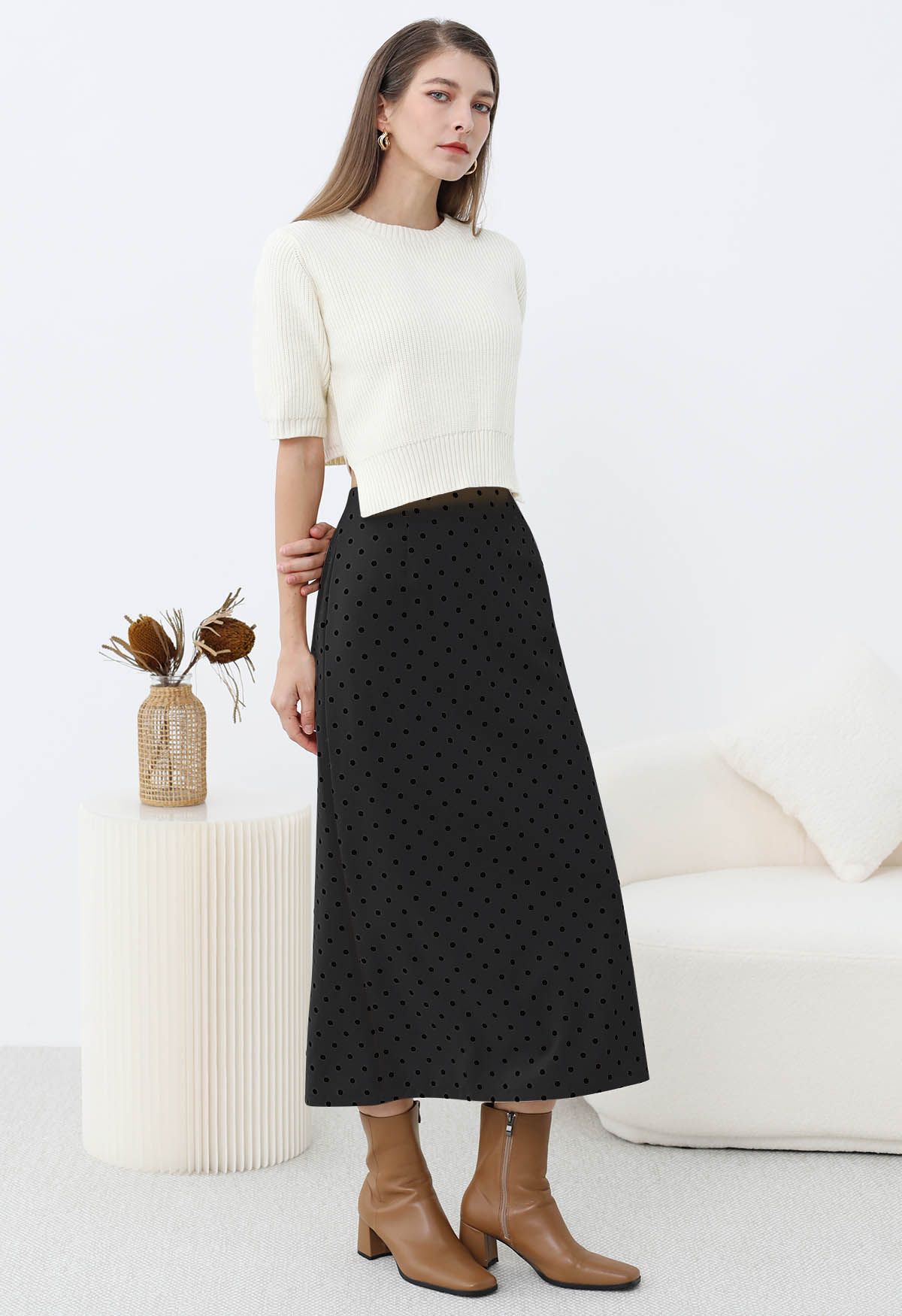 Velvet Polka Dot Back Slit Midi Skirt in Smoke