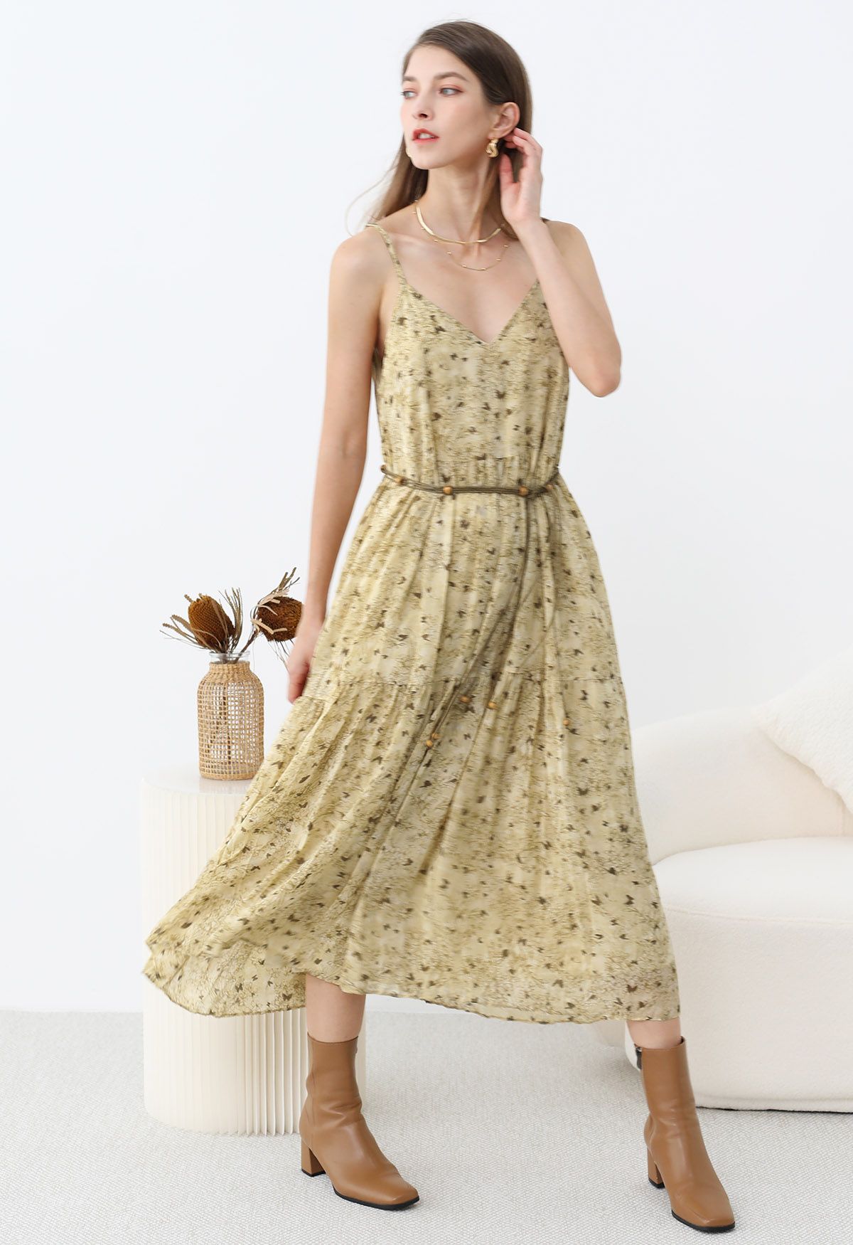 Butterfly Falling V-Neck Pleated Chiffon Cami Dress in Yellow