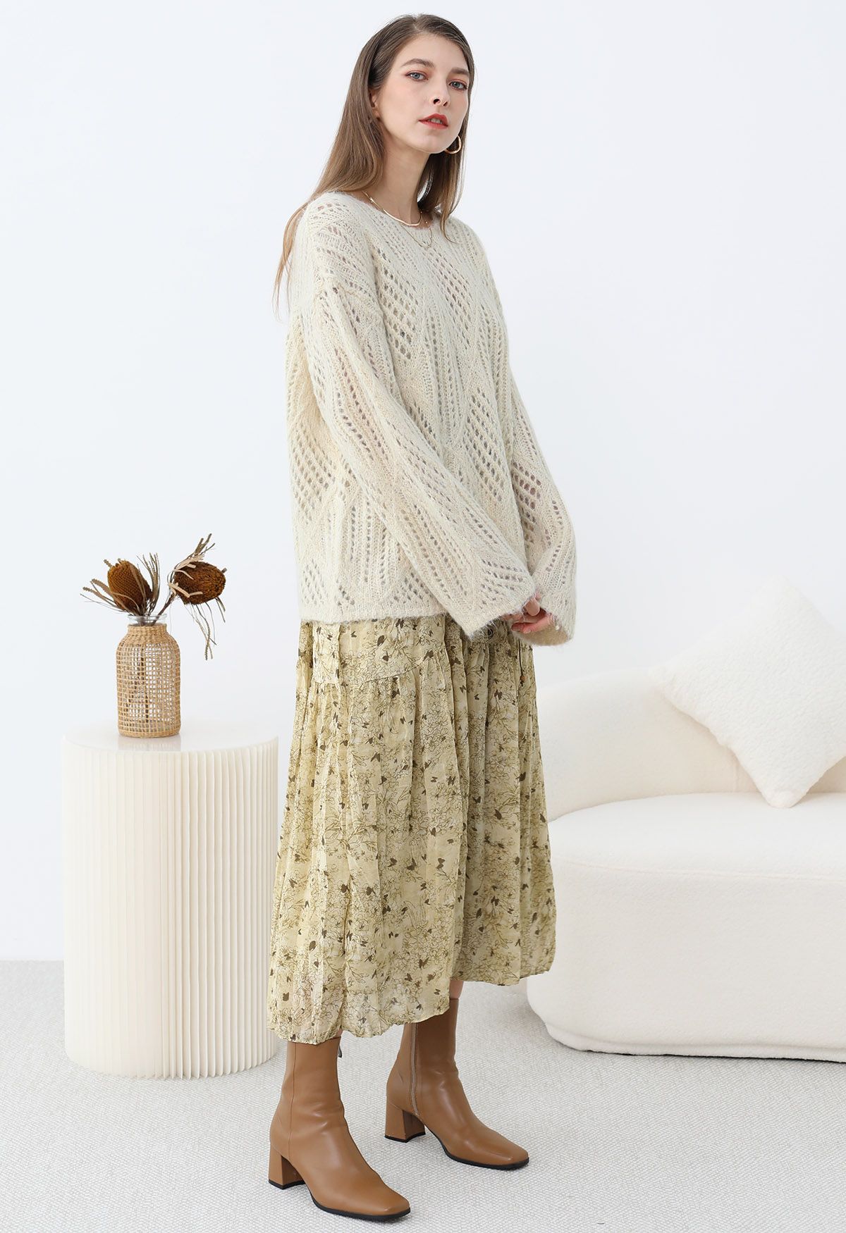 Diamond Pattern Hollow Fuzzy Knit Sweater in Cream