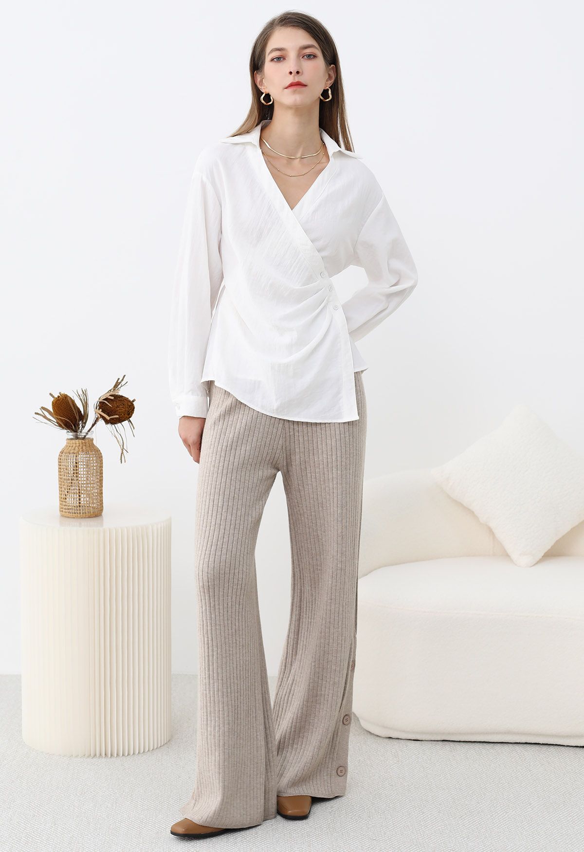 Side Pleats Collared Buttoned Wrap Shirt in White