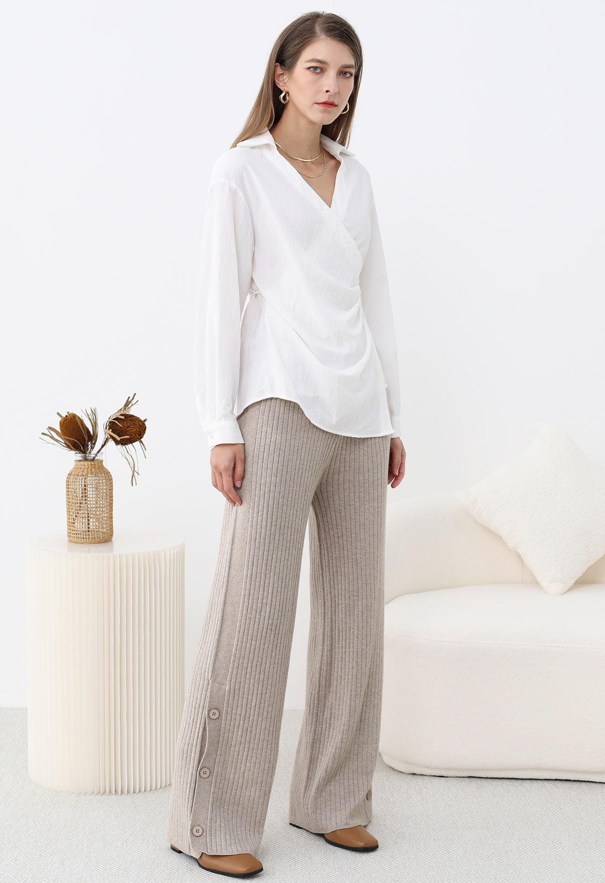 Buttoned Hem Ribbed Knit Pants in Oatmeal