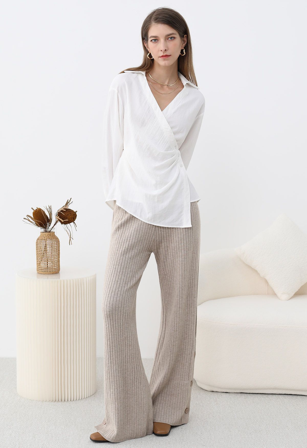 Side Pleats Collared Buttoned Wrap Shirt in White