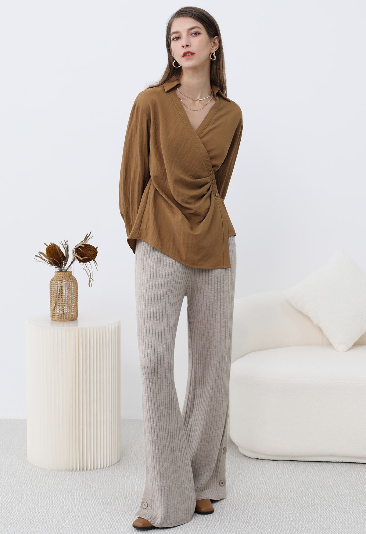 Side Pleats Collared Buttoned Wrap Shirt in Caramel