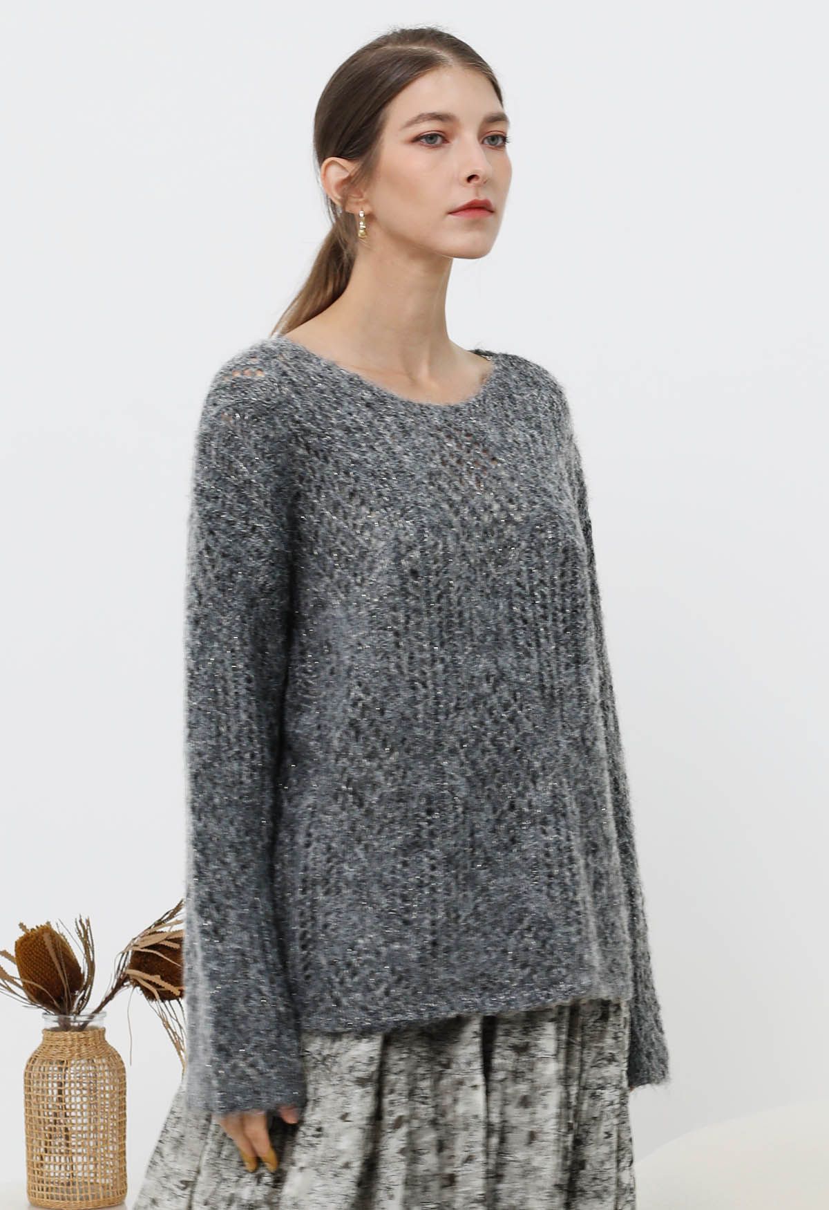 Diamond Pattern Hollow Fuzzy Knit Sweater in Smoke