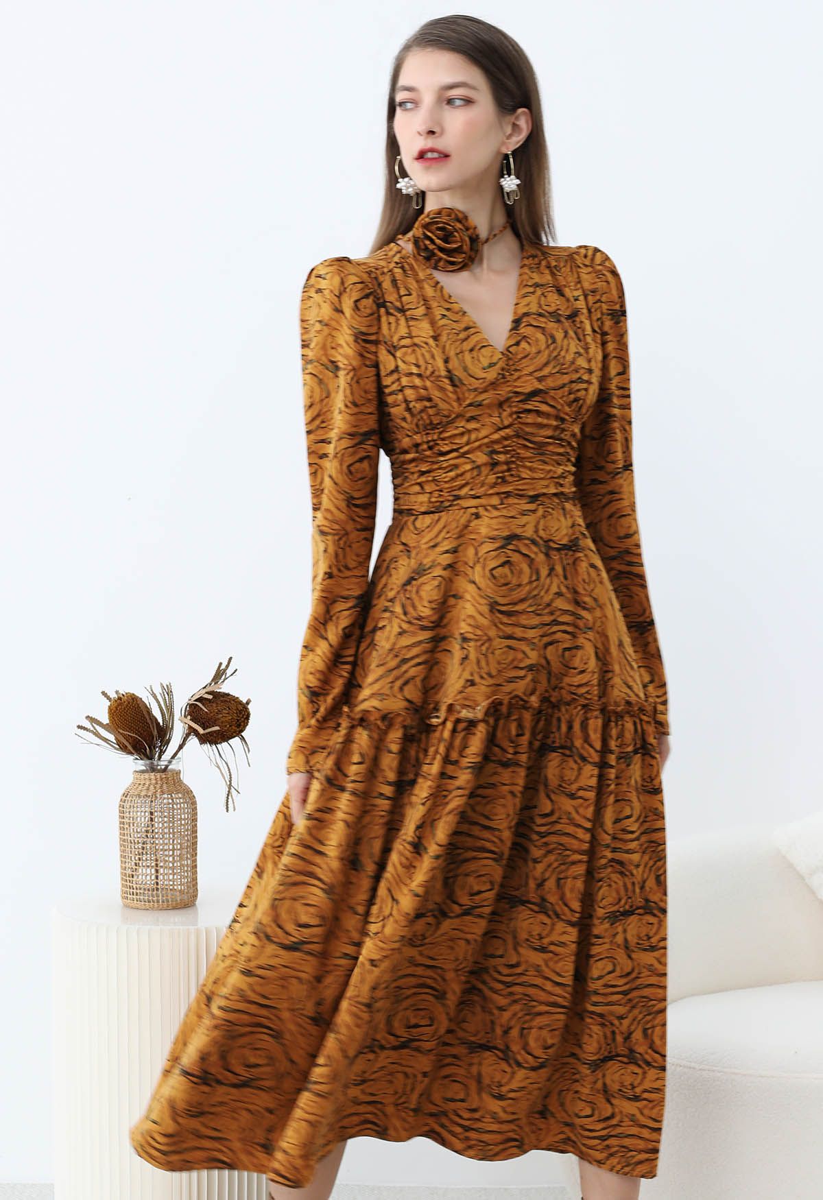 Fantastic Rose V-Neck Ruched Midi Dress with Choker in Pumpkin