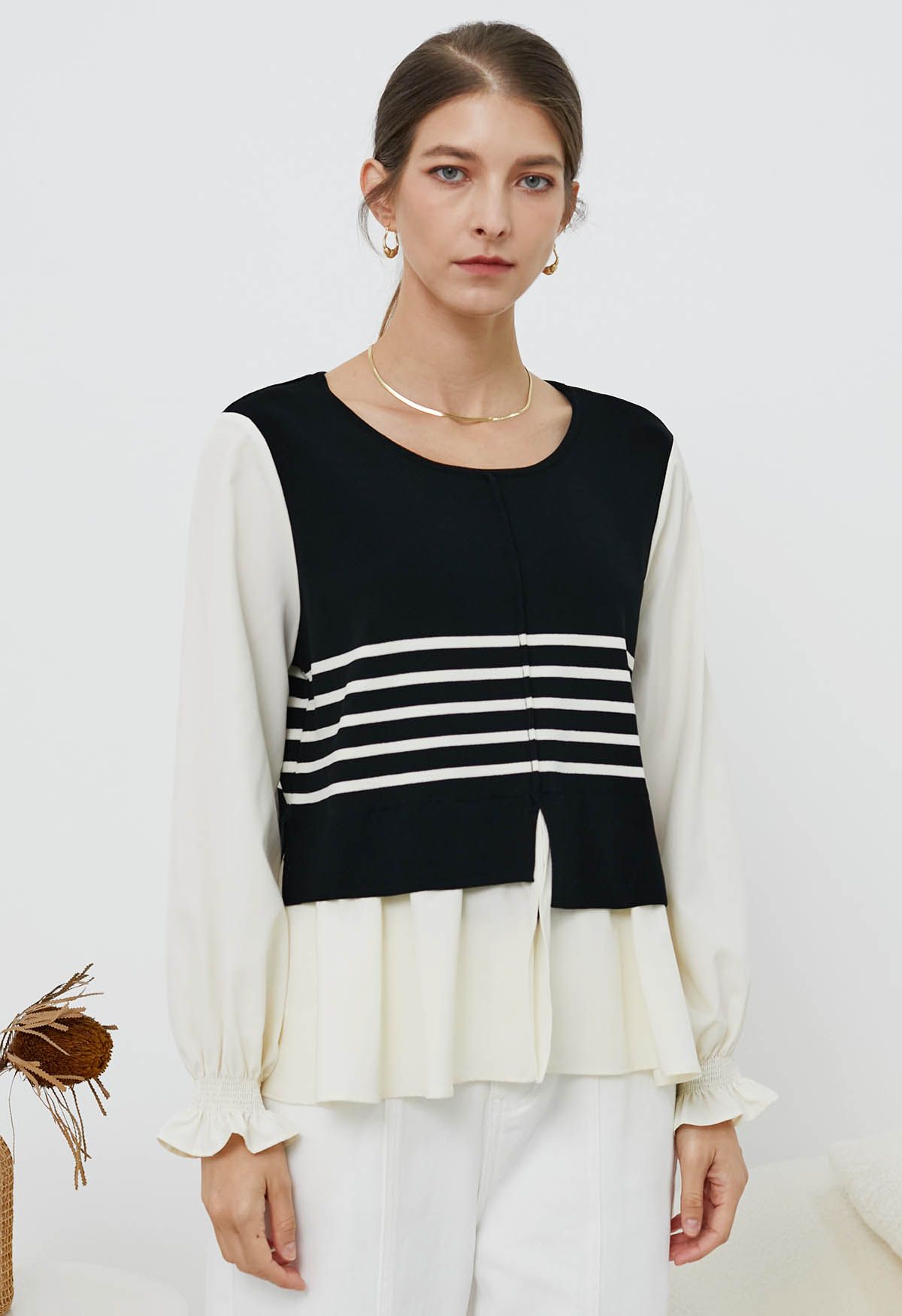 Chic Striped Knit Spliced Peplum Top in Black