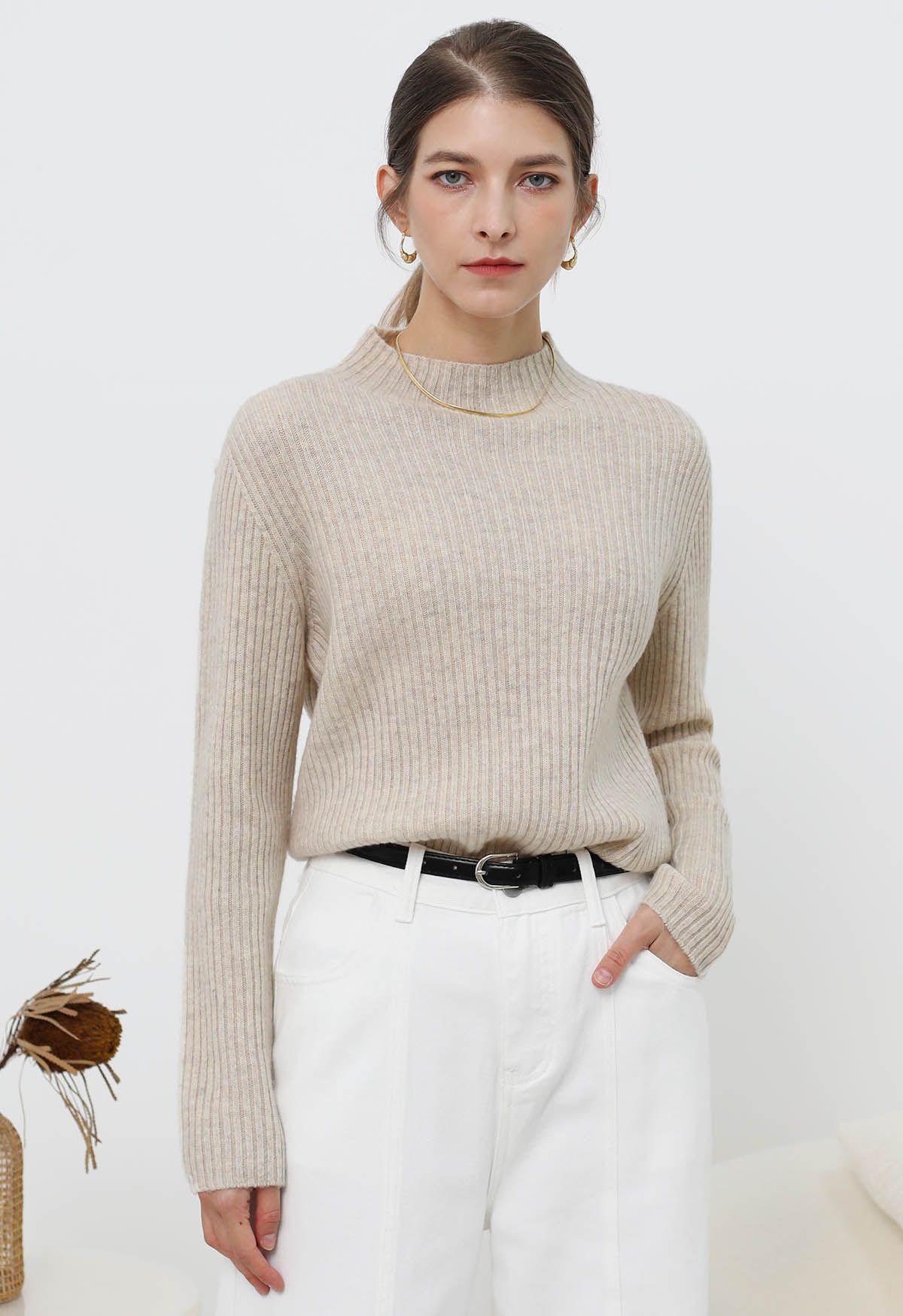 Elemental Mock Neck Long-Sleeve Wool Sweater in Linen