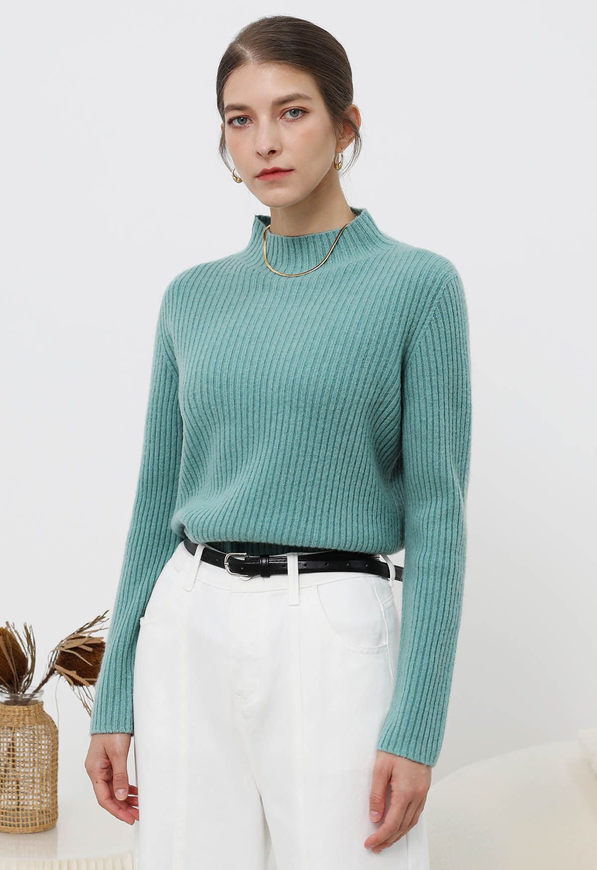 Elemental Mock Neck Long-Sleeve Wool Sweater in Teal