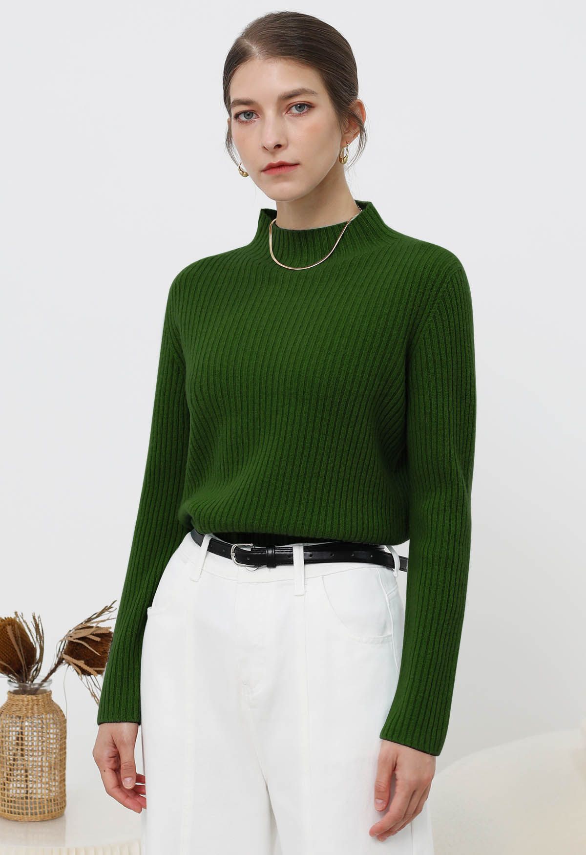 Elemental Mock Neck Long-Sleeve Wool Sweater in Dark Green