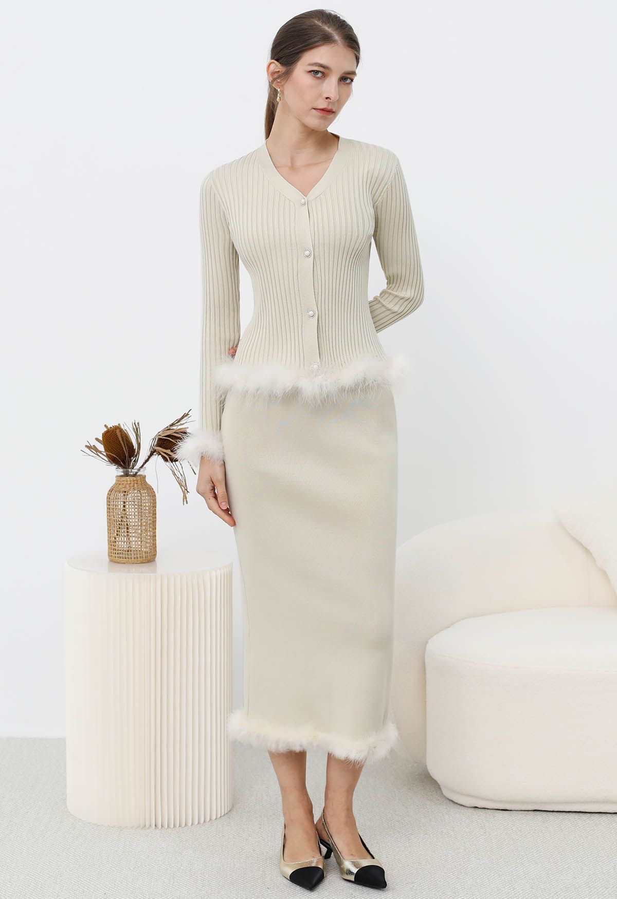 Feather Trim Button Knit Top and Midi Skirt Set in Ivory