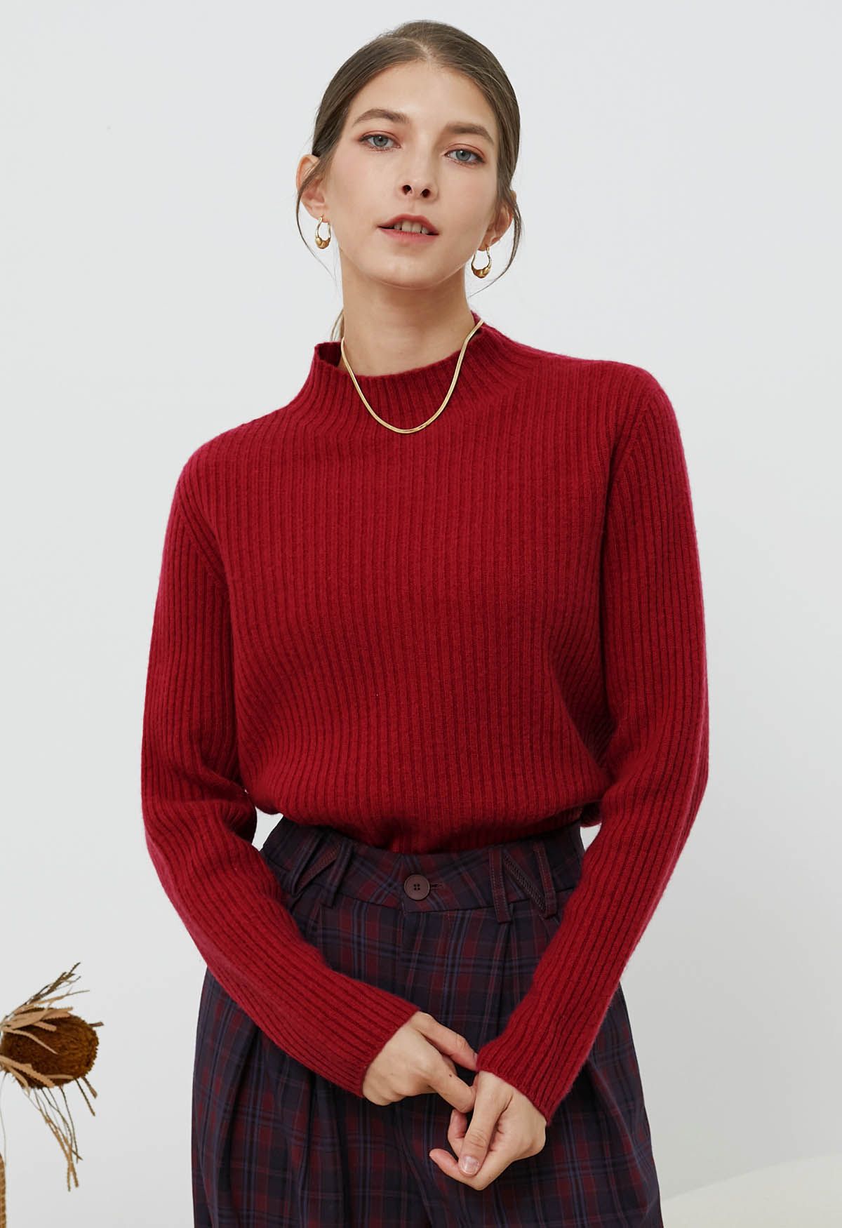 Elemental Mock Neck Long-Sleeve Wool Sweater in Red