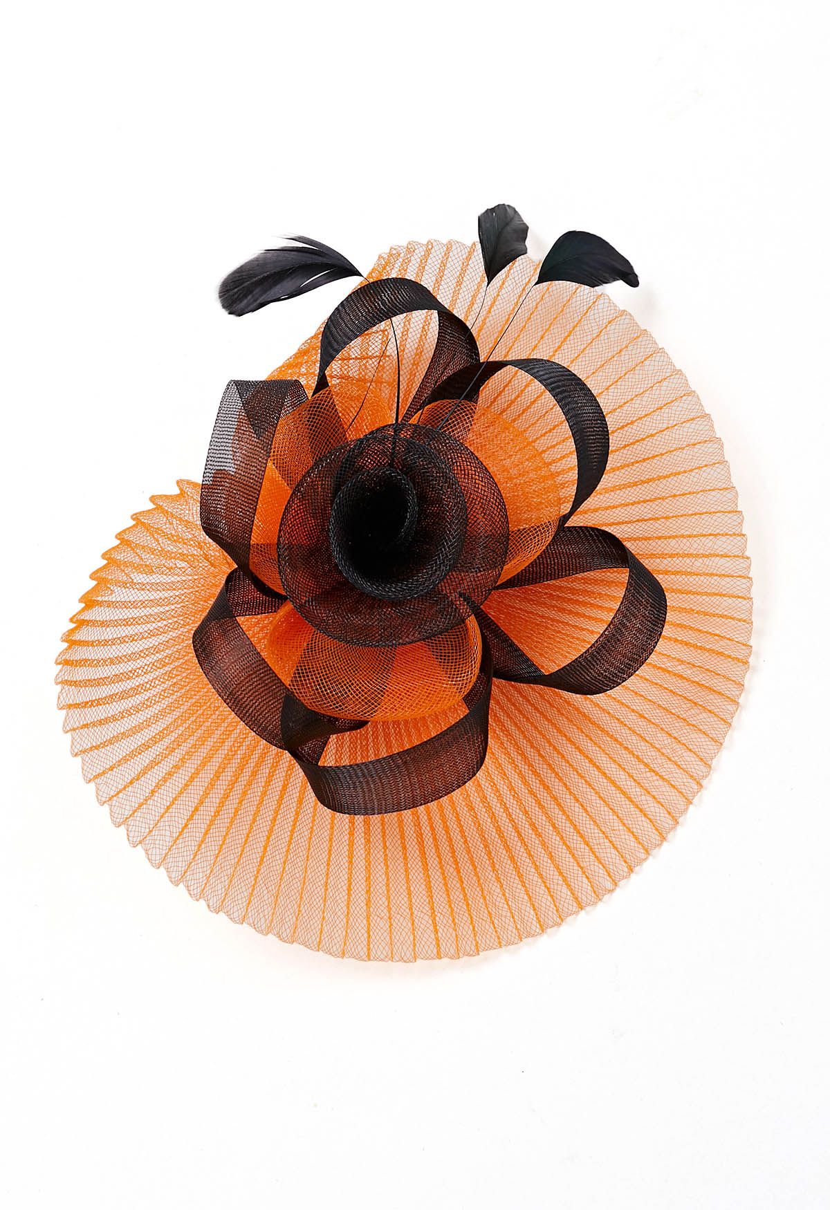 Pleated Mesh Flower Headband with Hair Clip in Orange