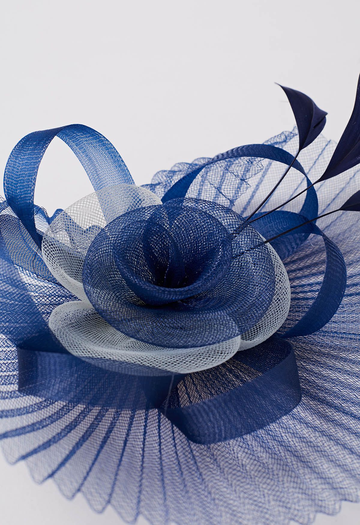 Pleated Mesh Flower Headband with Hair Clip in Navy