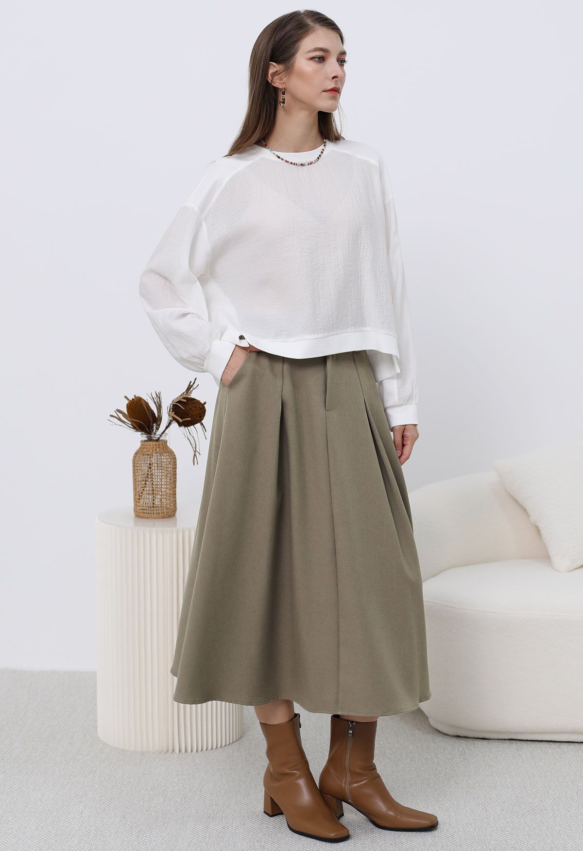 Dignified Buttons Trim A-Line Midi Skirt in Khaki