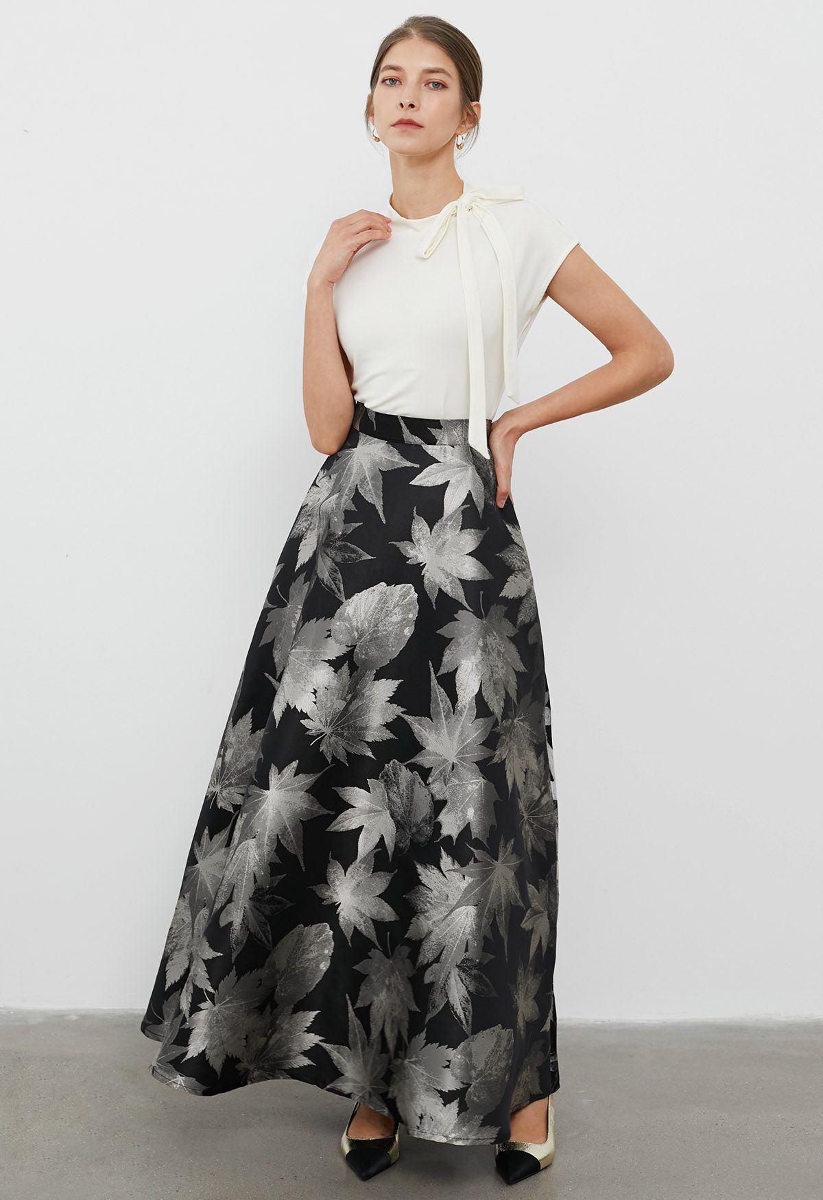 Opulent Maple Leaf Jacquard Flare Maxi Skirt