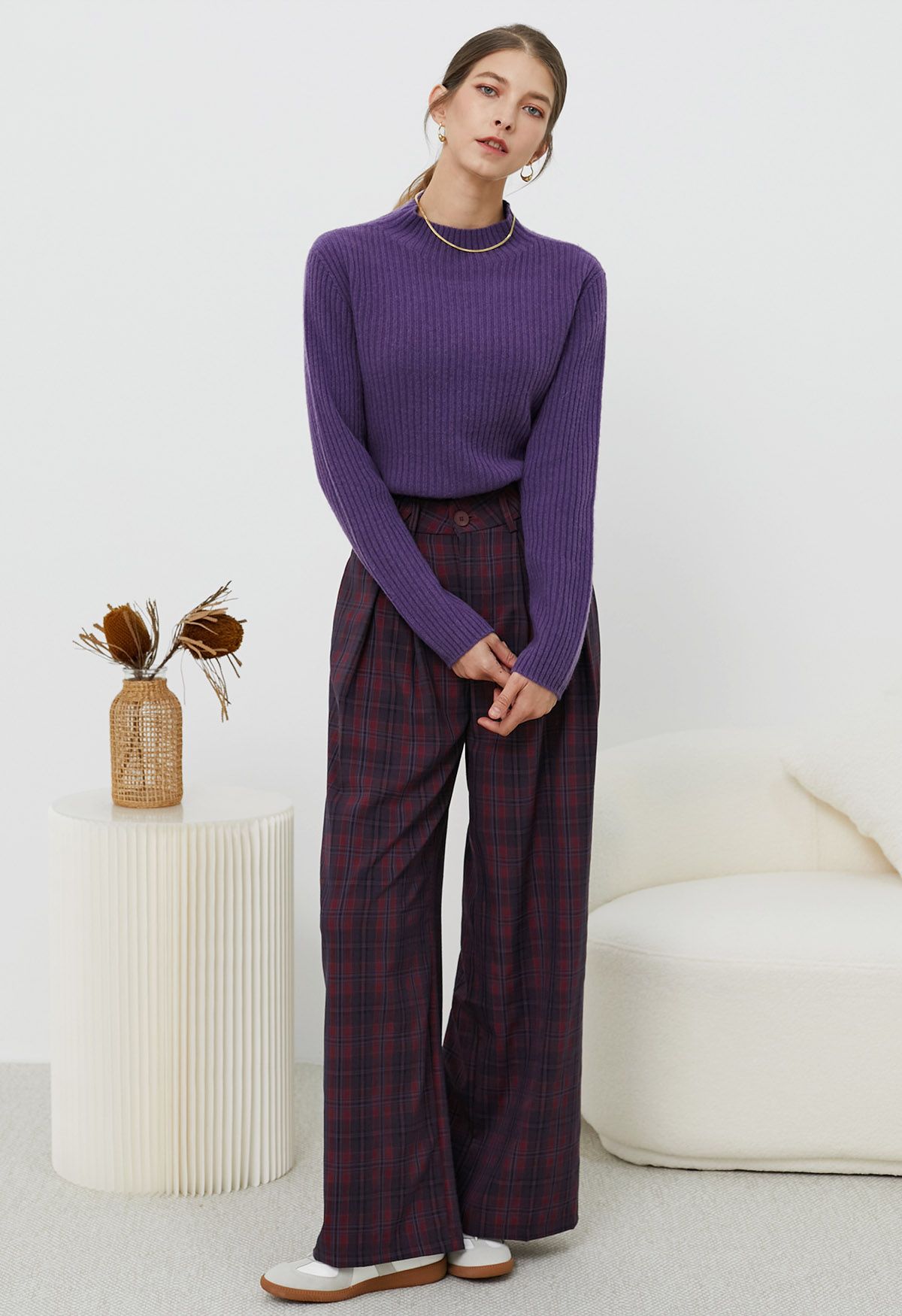 Throwback Plaid Wide-Leg Pants in Plum