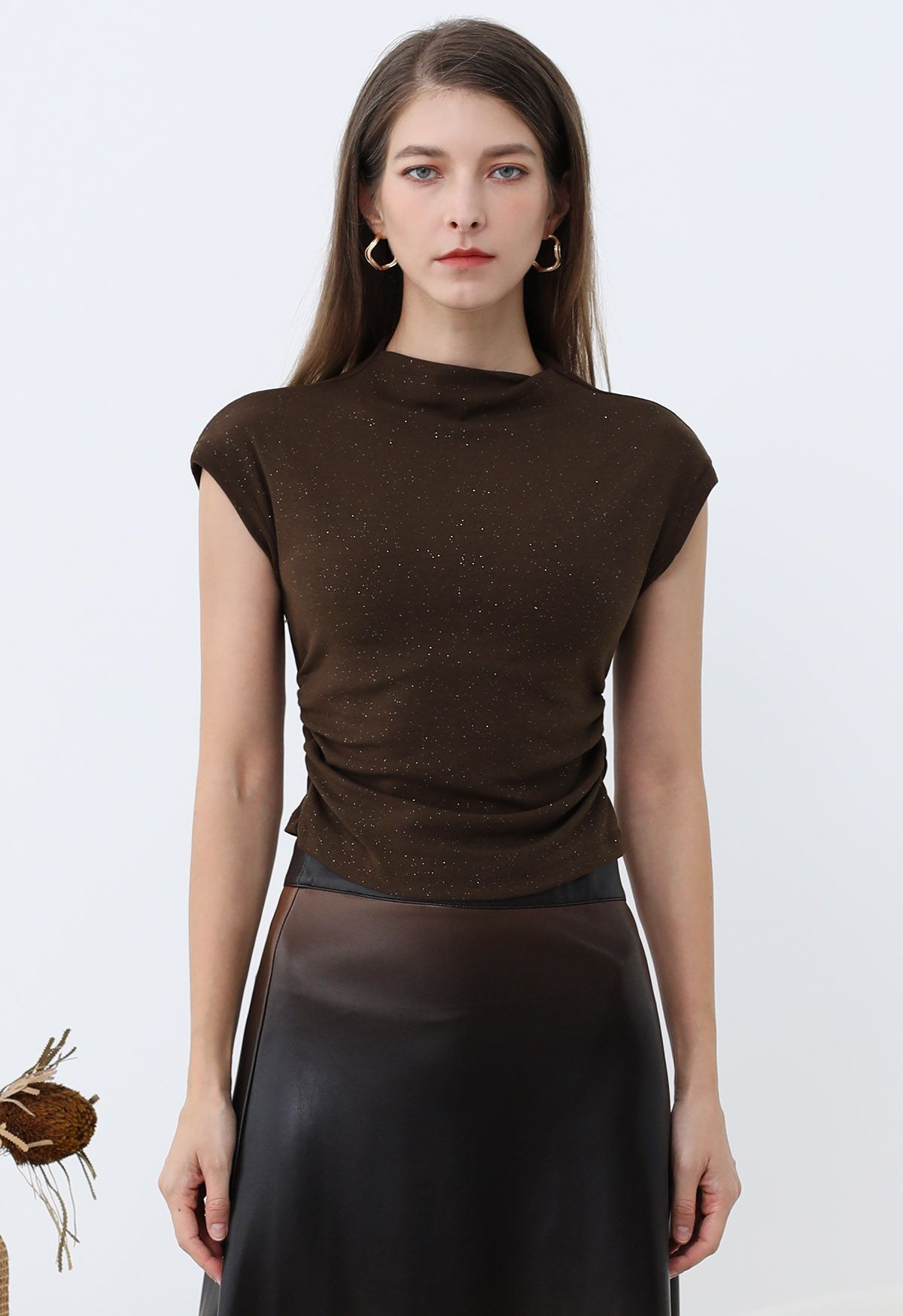 Shimmering Ruched Waist Cap Sleeves Top in Brown