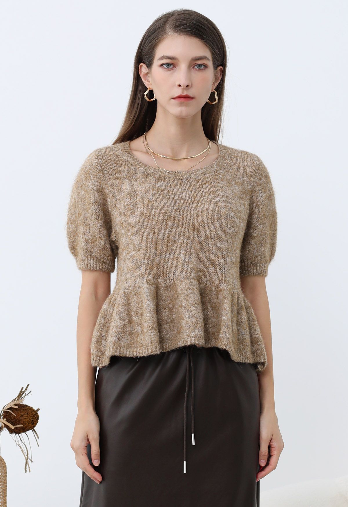 Peplum Flair Fuzzy Knit Top in Tan