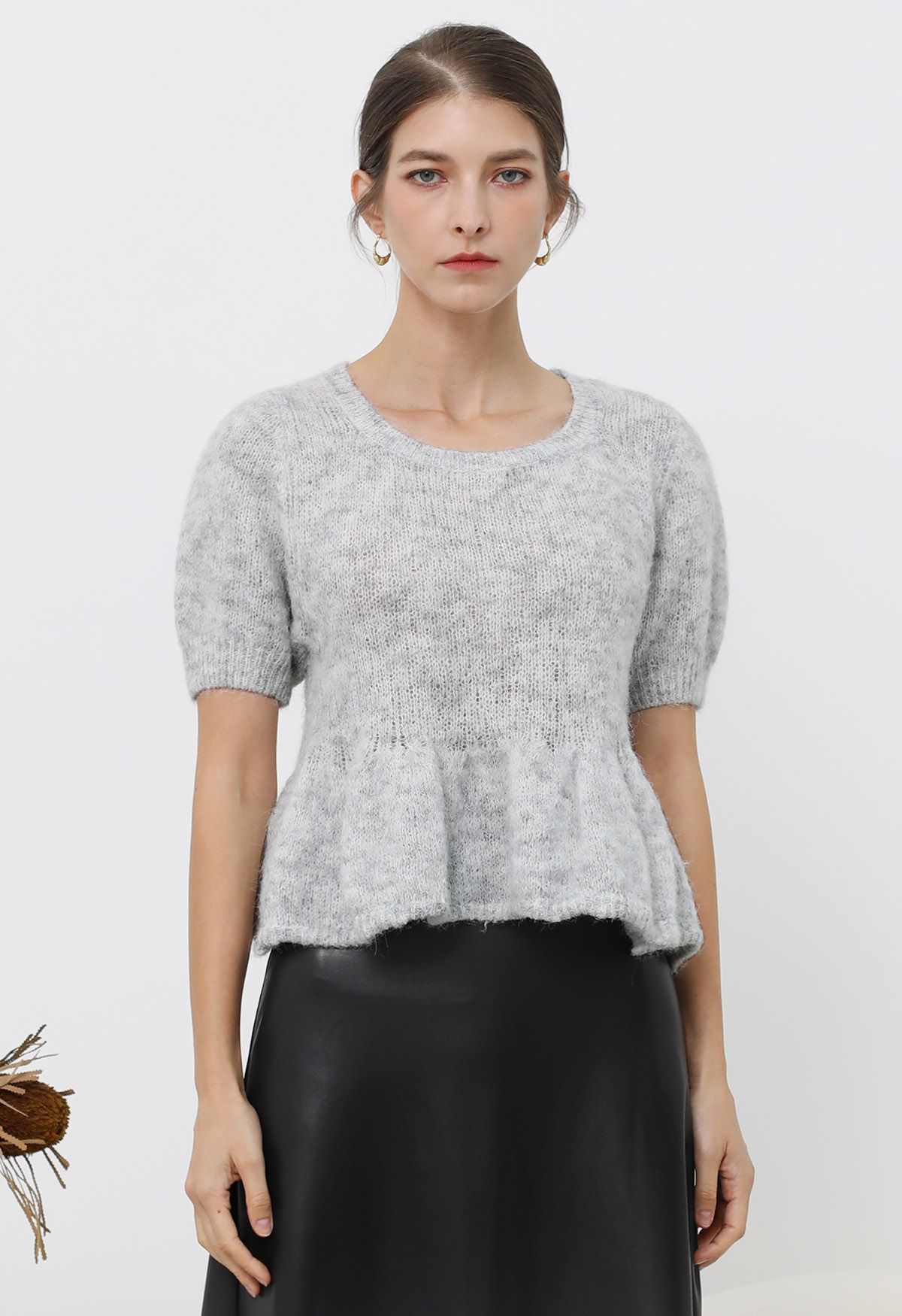 Peplum Flair Fuzzy Knit Top in Grey