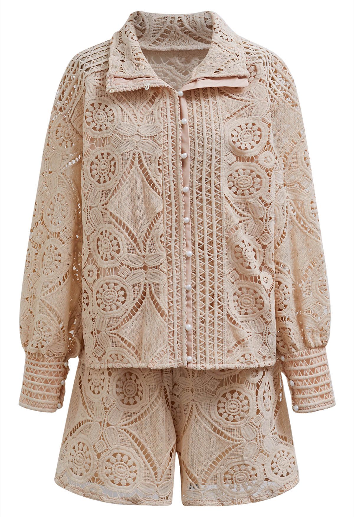 Guipure Lace Buttoned Shirt and Shorts Set in Apricot