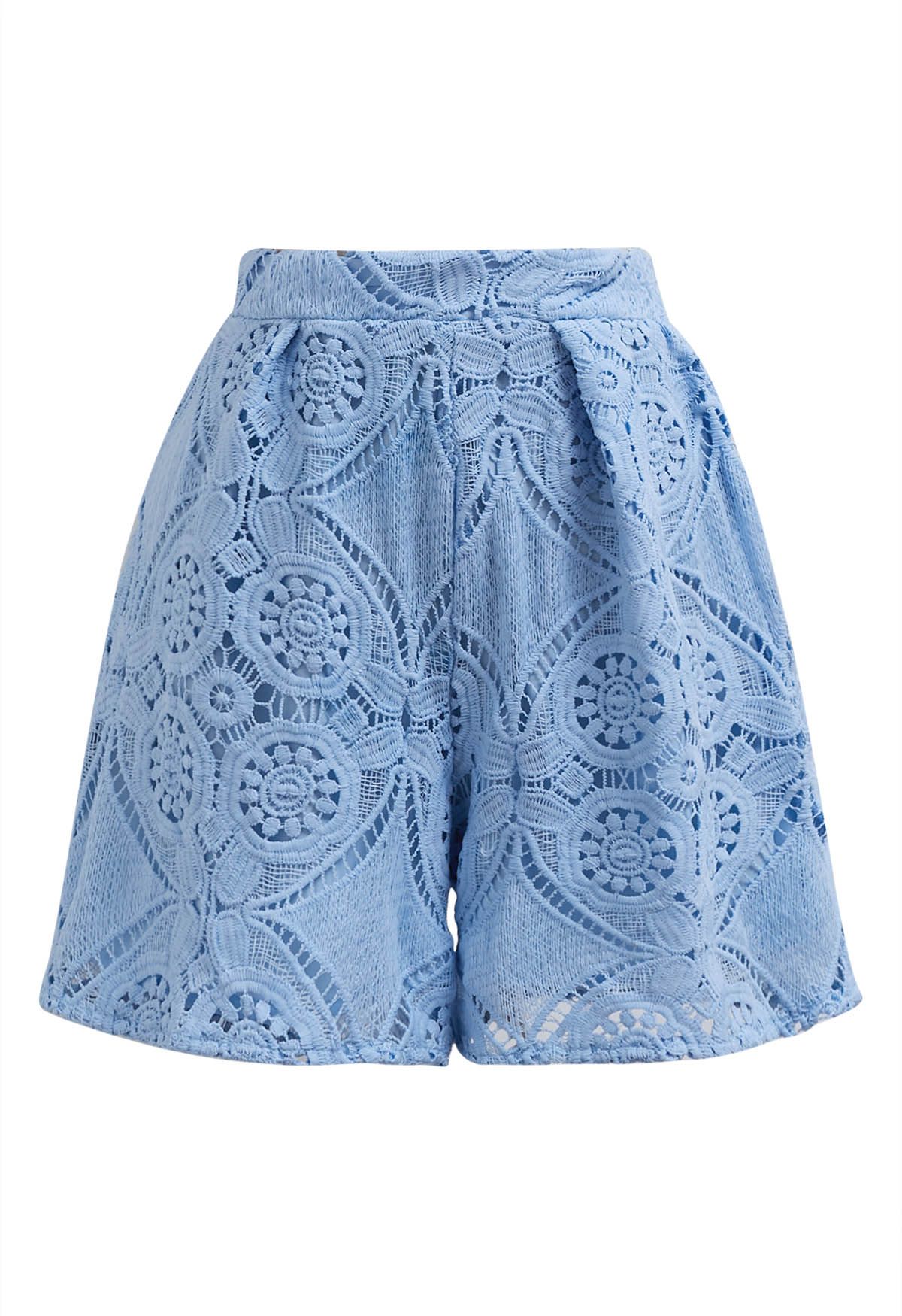 Guipure Lace Buttoned Shirt and Shorts Set in Blue