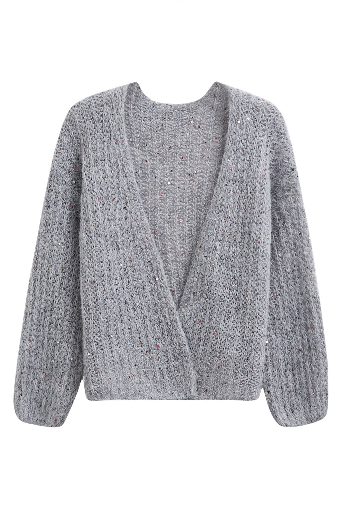 Colorful Sequin Open Front Cozy Knit Cardigan in Grey