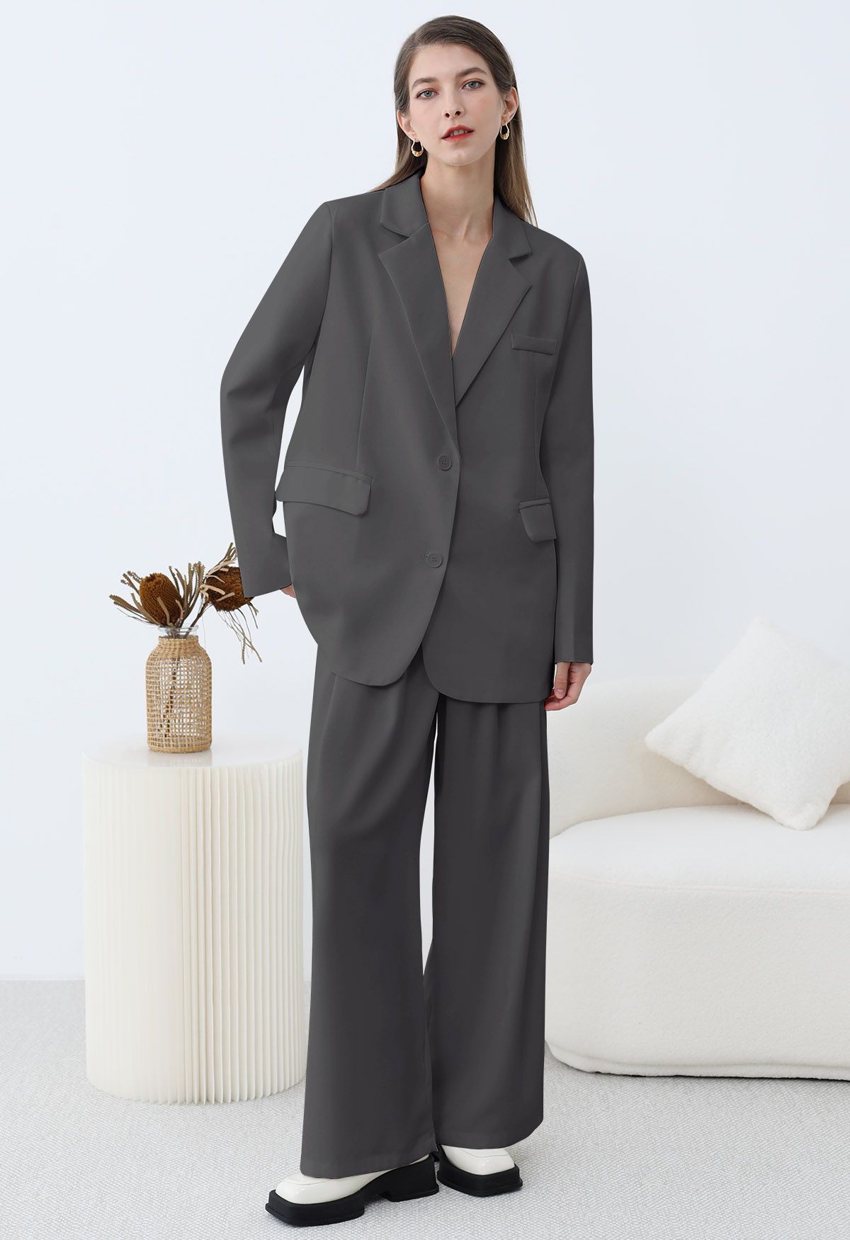 Modern Executive Notched Lapel Blazer and Pants Set in Smoke