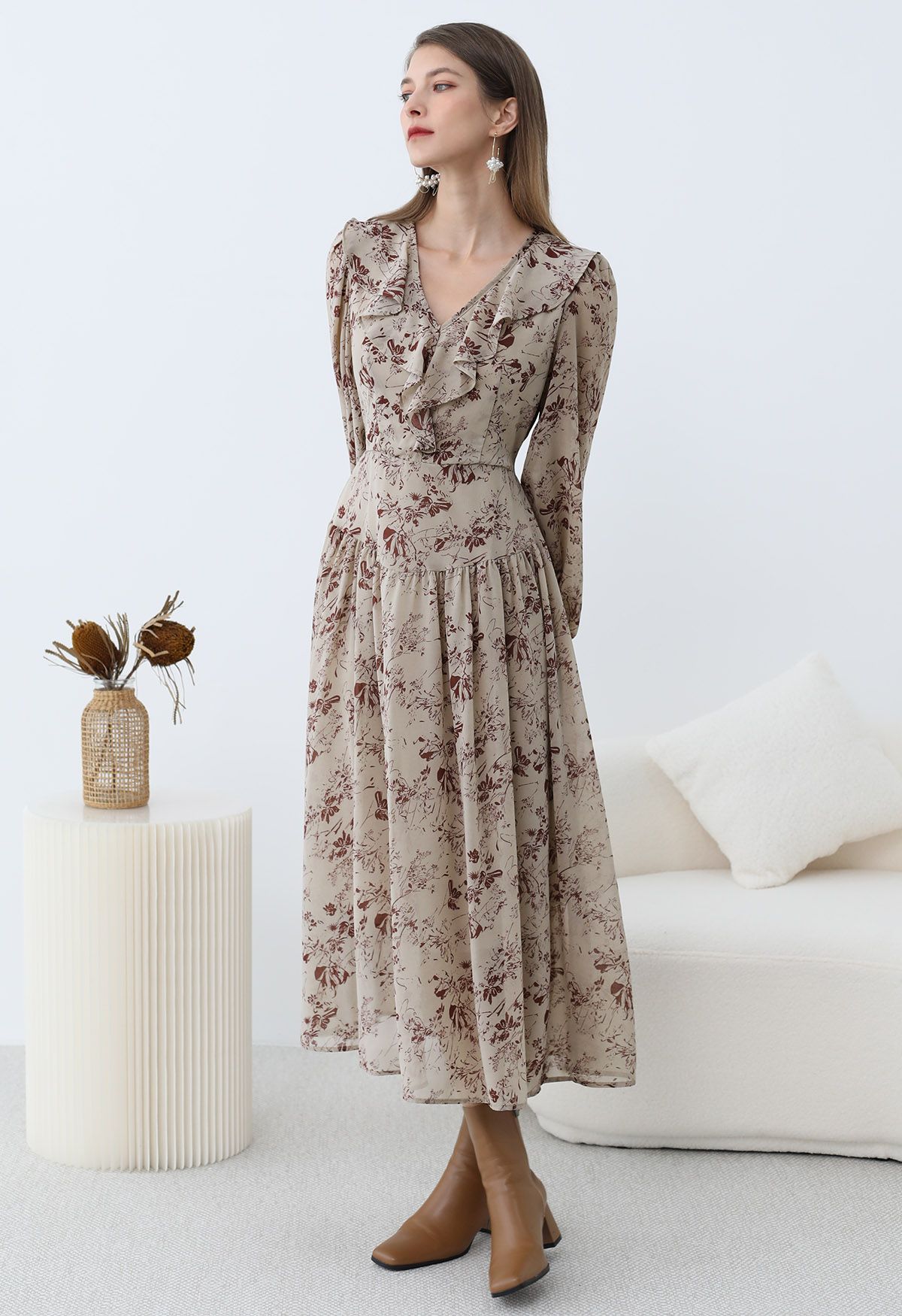 Serene Flower V-Neck Ruffle Chiffon Midi Dress in Taupe