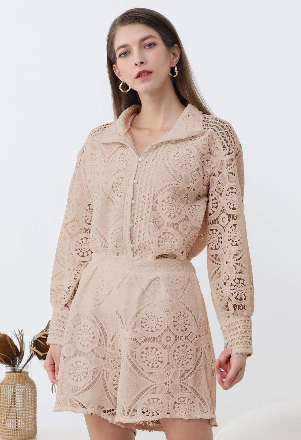 Guipure Lace Buttoned Shirt and Shorts Set in Apricot