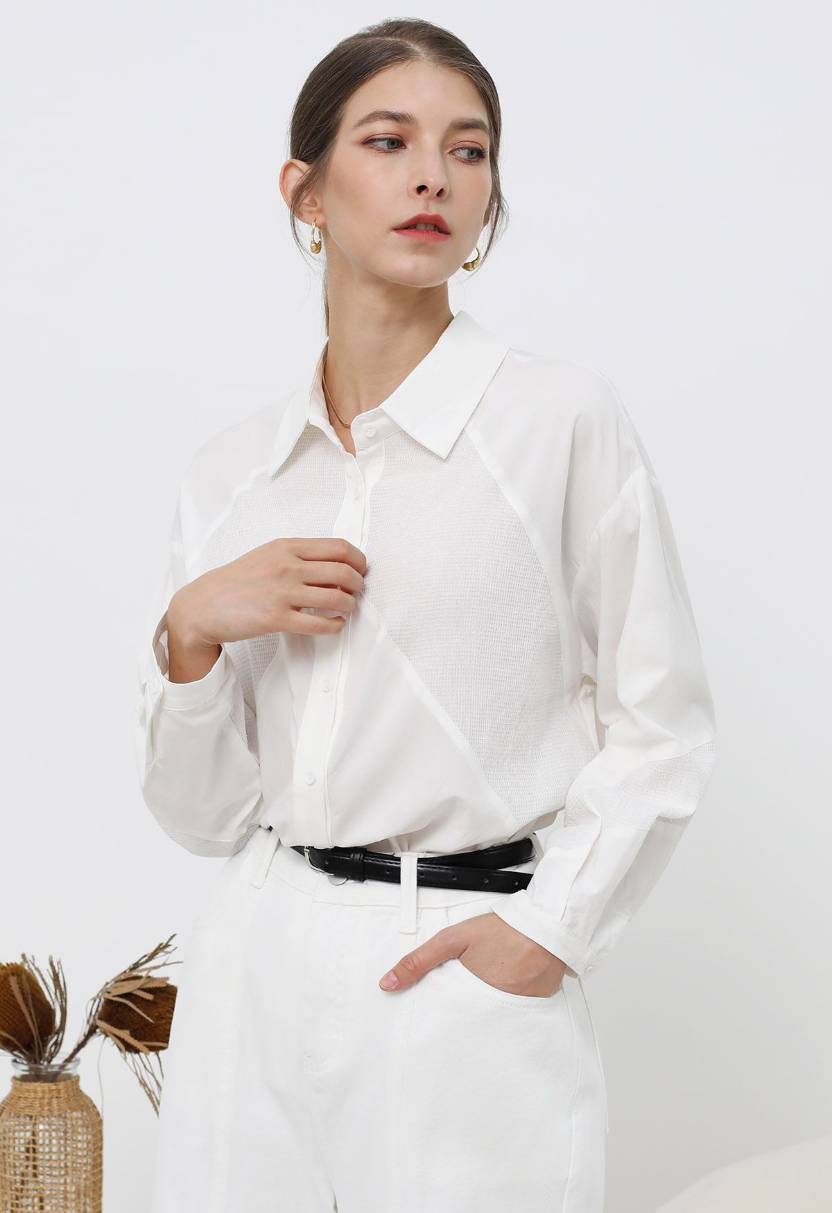 Geometric Panelled Cotton Button-Down Shirt in White