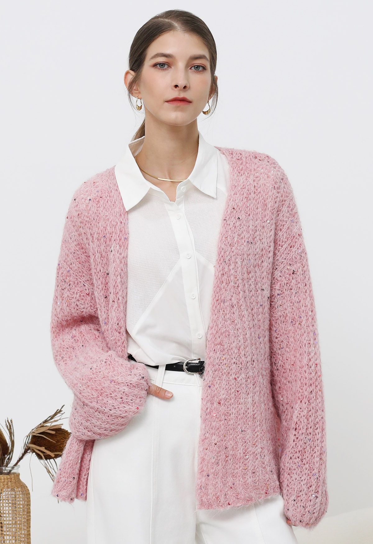 Colorful Sequin Open Front Cozy Knit Cardigan in Pink