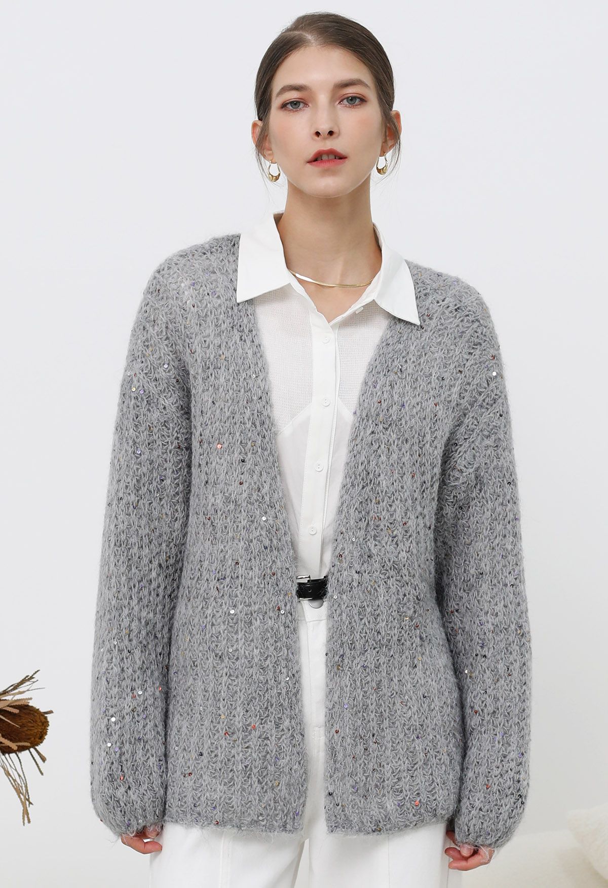 Colorful Sequin Open Front Cozy Knit Cardigan in Grey