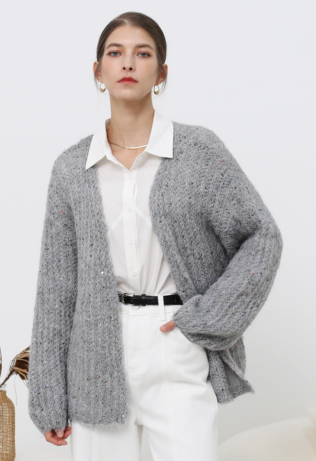 Colorful Sequin Open Front Cozy Knit Cardigan in Grey