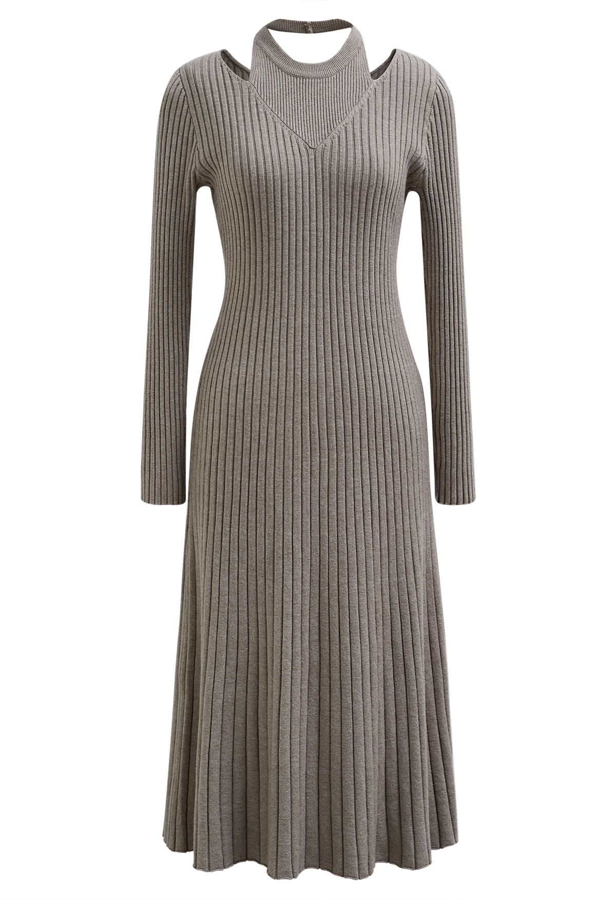 Cutout Neckline Ribbed Knit Midi Dress in Taupe