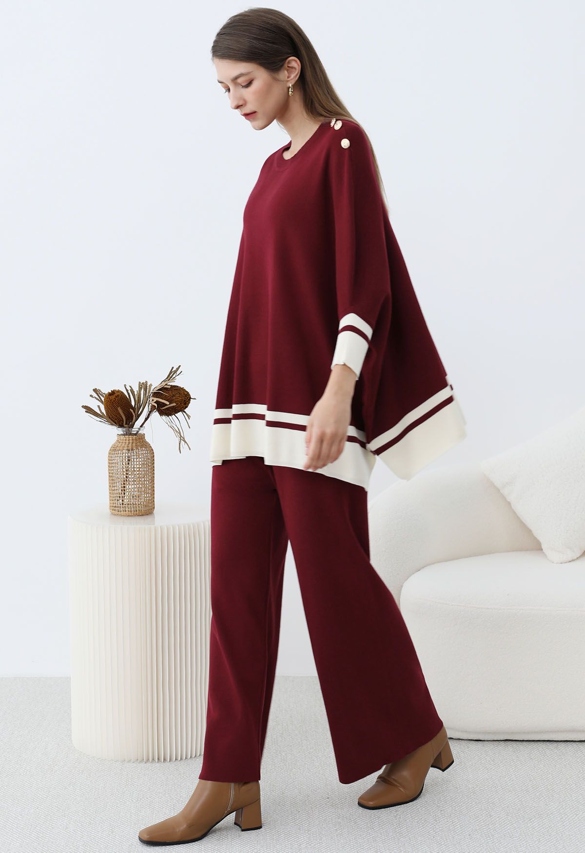 Contrast Detail Knit Poncho and Pants Set in Burgundy