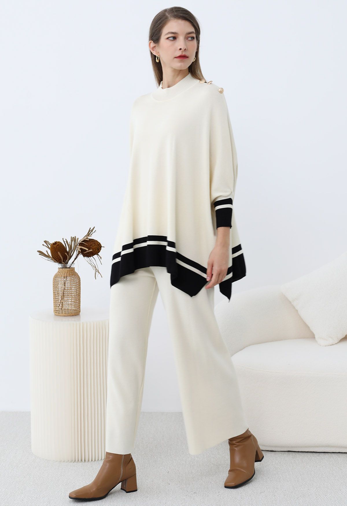 Contrast Detail Knit Poncho and Pants Set in Cream