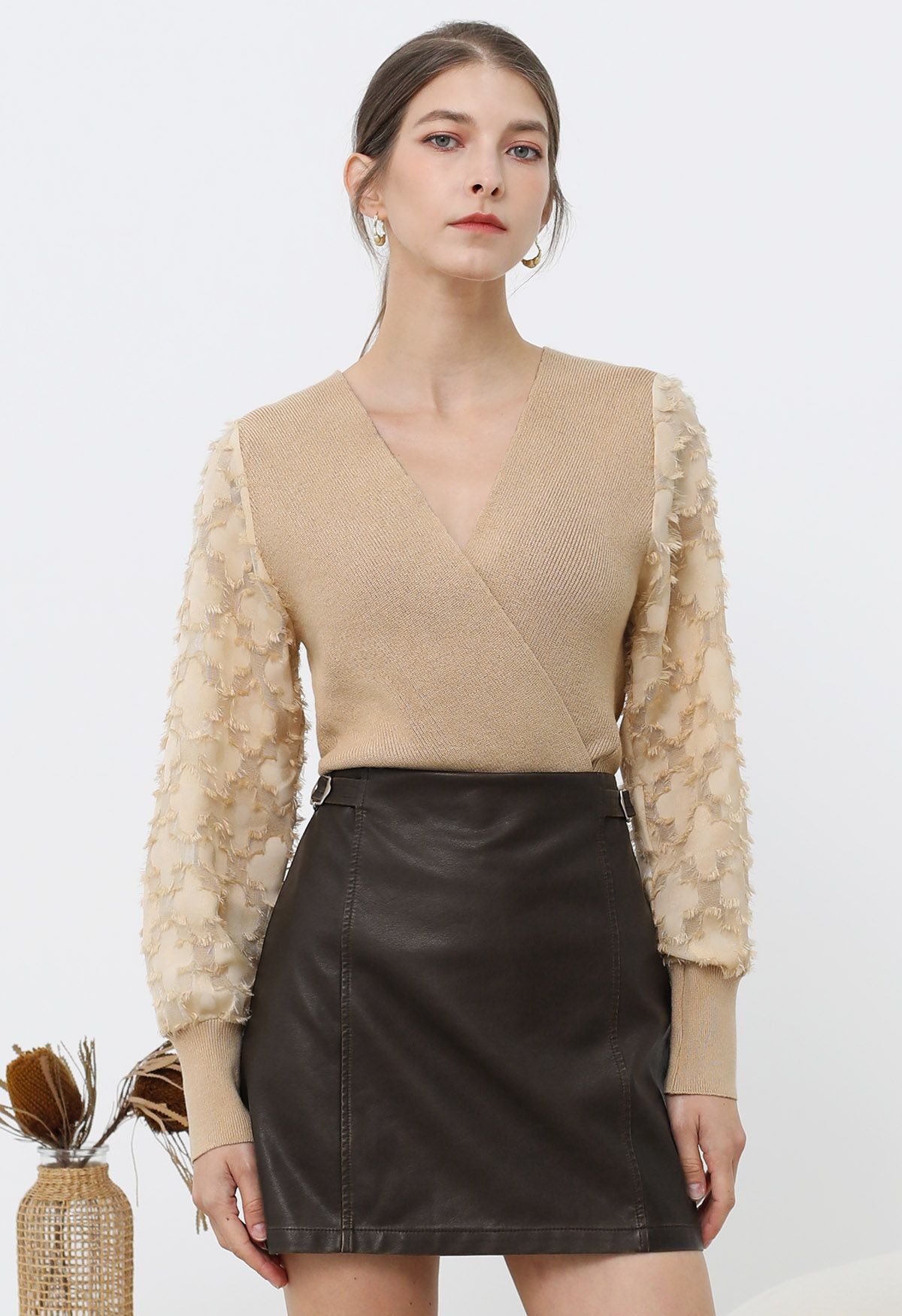 Fuzzy Floral Mesh Sleeve Spliced Faux-Wrap Knit Top in Light Tan