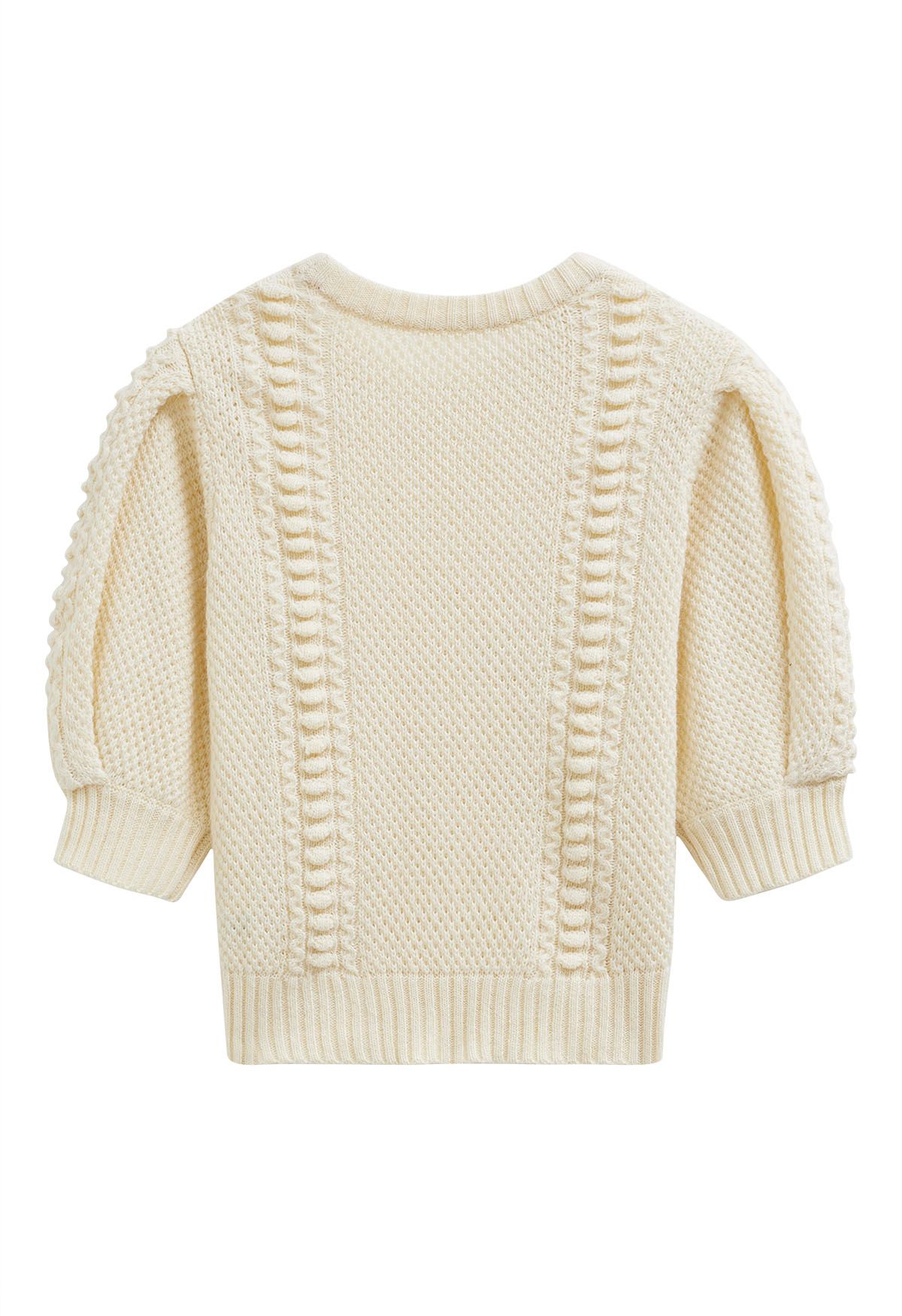 Embossed Texture Puff Sleeve Knit Sweater in Light Yellow