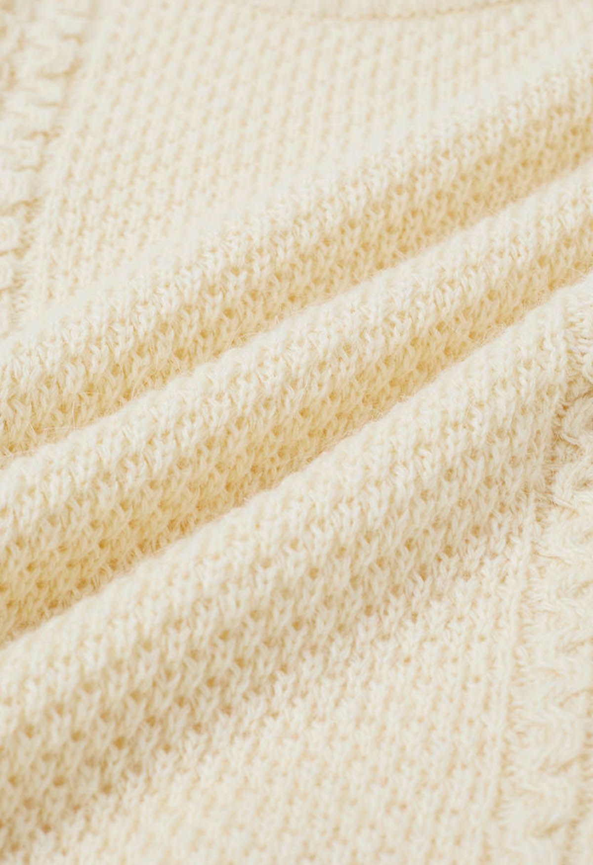 Embossed Texture Puff Sleeve Knit Sweater in Light Yellow