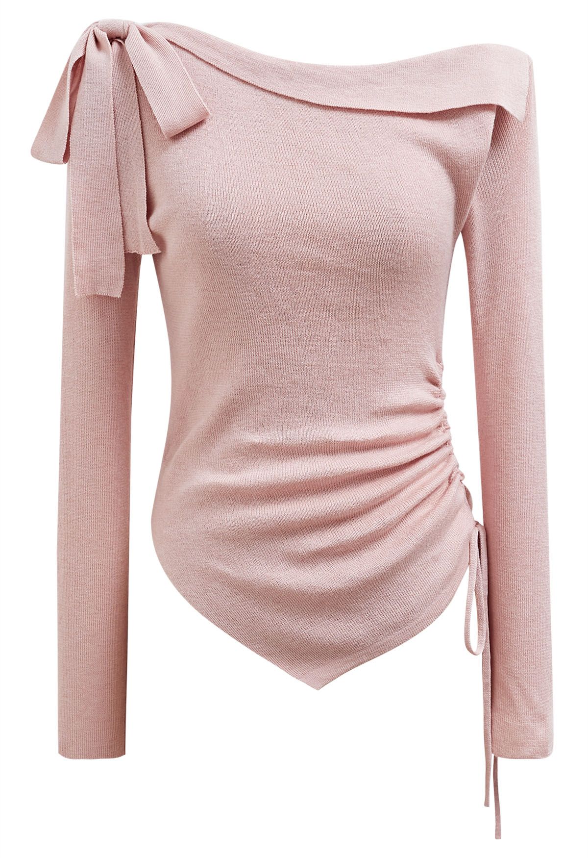 Side Bowknot Decor Drawstring Waist Knit Top in Pink